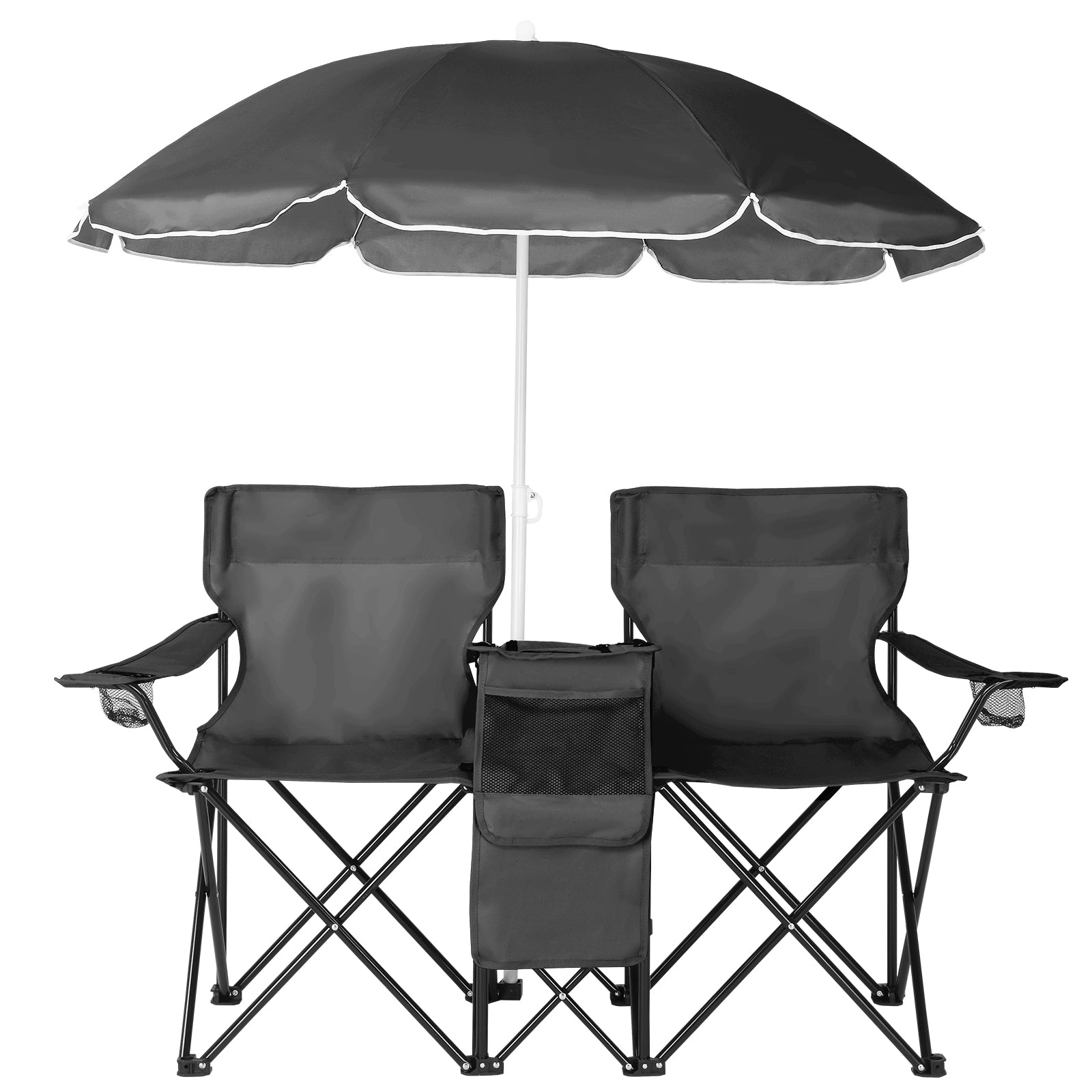 HAOYYE Portable 2-Seat Folding Chair with Removable Sun Umbrella, Black, Sturdy Outdoor Camping Bench with Built-in Cup Holders, Lightweight and Space-Saving Design, Ideal for Beach, Picnic, Patio, and Outdoor Activities