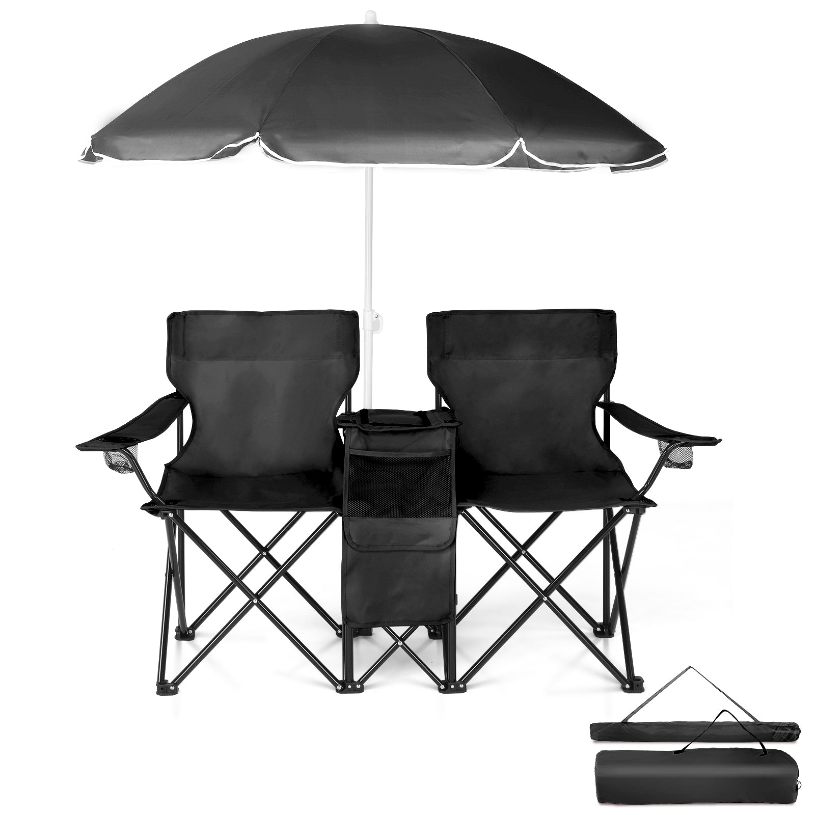 HAOYYE Portable 2-Seat Folding Chair with Removable Sun Umbrella, Black, Sturdy Outdoor Camping Bench with Built-in Cup Holders, Lightweight and Space-Saving Design, Ideal for Beach, Picnic, Patio, and Outdoor Activities