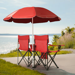 HAOYYE Portable 2-Seat Folding Chair with Removable Sun Umbrella, Red, Sturdy Outdoor Camping Bench with Built-in Cup Holders, Lightweight and Space-Saving Design, Ideal for Beach, Picnic, Patio, and Outdoor Activities