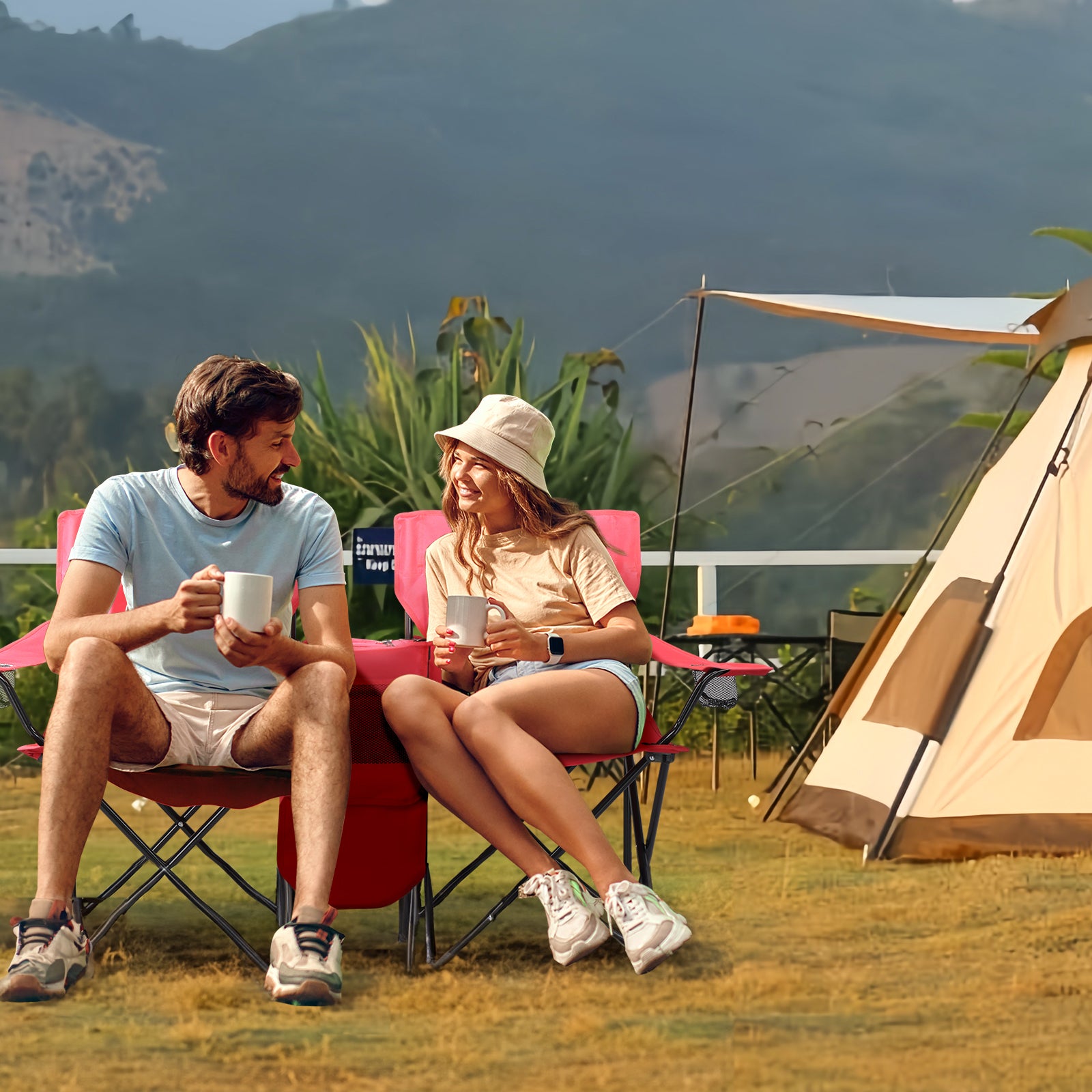 HAOYYE Portable 2-Seat Folding Chair with Removable Sun Umbrella, Red, Sturdy Outdoor Camping Bench with Built-in Cup Holders, Lightweight and Space-Saving Design, Ideal for Beach, Picnic, Patio, and Outdoor Activities