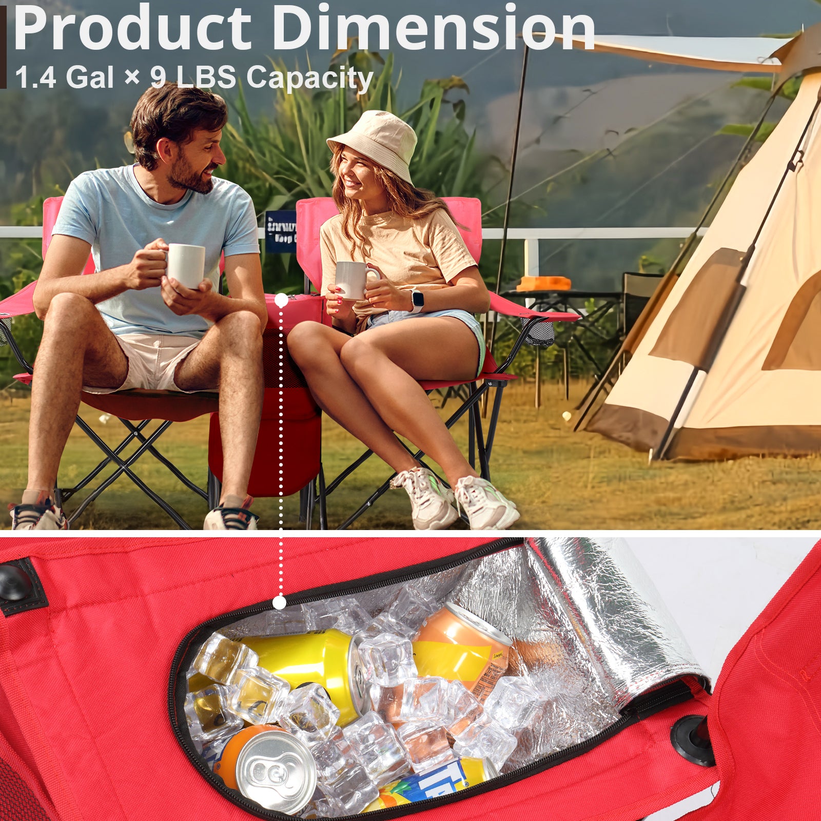 HAOYYE Portable 2-Seat Folding Chair with Removable Sun Umbrella, Red, Sturdy Outdoor Camping Bench with Built-in Cup Holders, Lightweight and Space-Saving Design, Ideal for Beach, Picnic, Patio, and Outdoor Activities