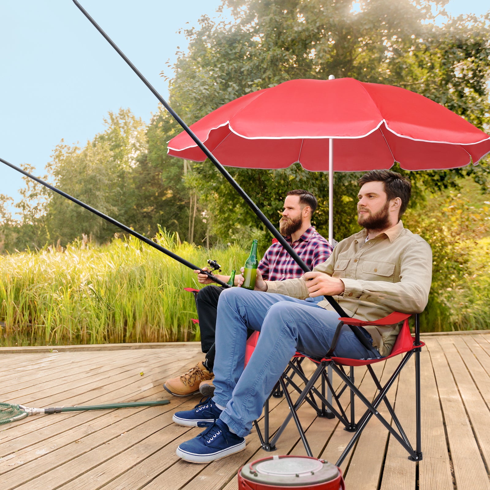 HAOYYE Portable 2-Seat Folding Chair with Removable Sun Umbrella, Red, Sturdy Outdoor Camping Bench with Built-in Cup Holders, Lightweight and Space-Saving Design, Ideal for Beach, Picnic, Patio, and Outdoor Activities
