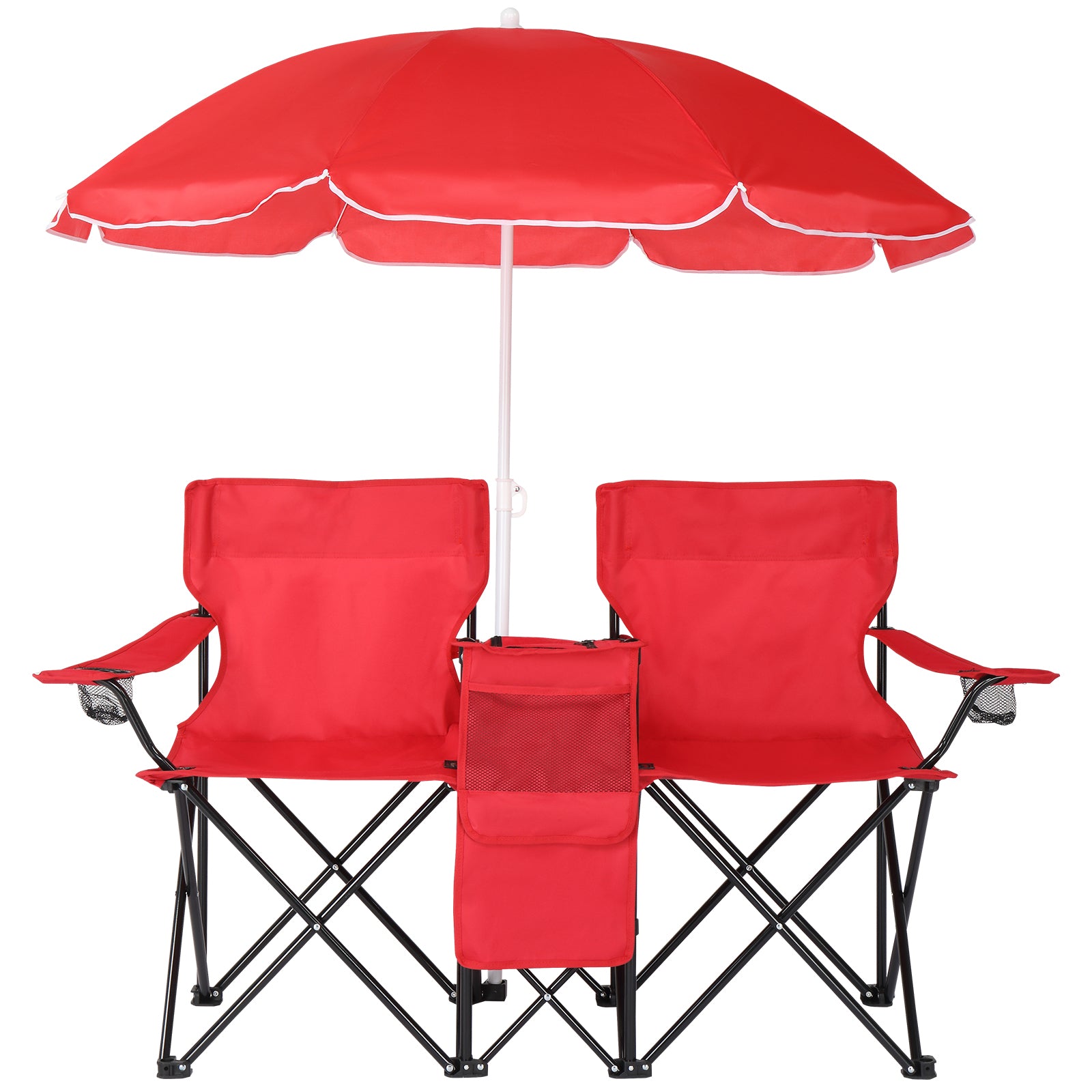 HAOYYE Portable 2-Seat Folding Chair with Removable Sun Umbrella, Red, Sturdy Outdoor Camping Bench with Built-in Cup Holders, Lightweight and Space-Saving Design, Ideal for Beach, Picnic, Patio, and Outdoor Activities