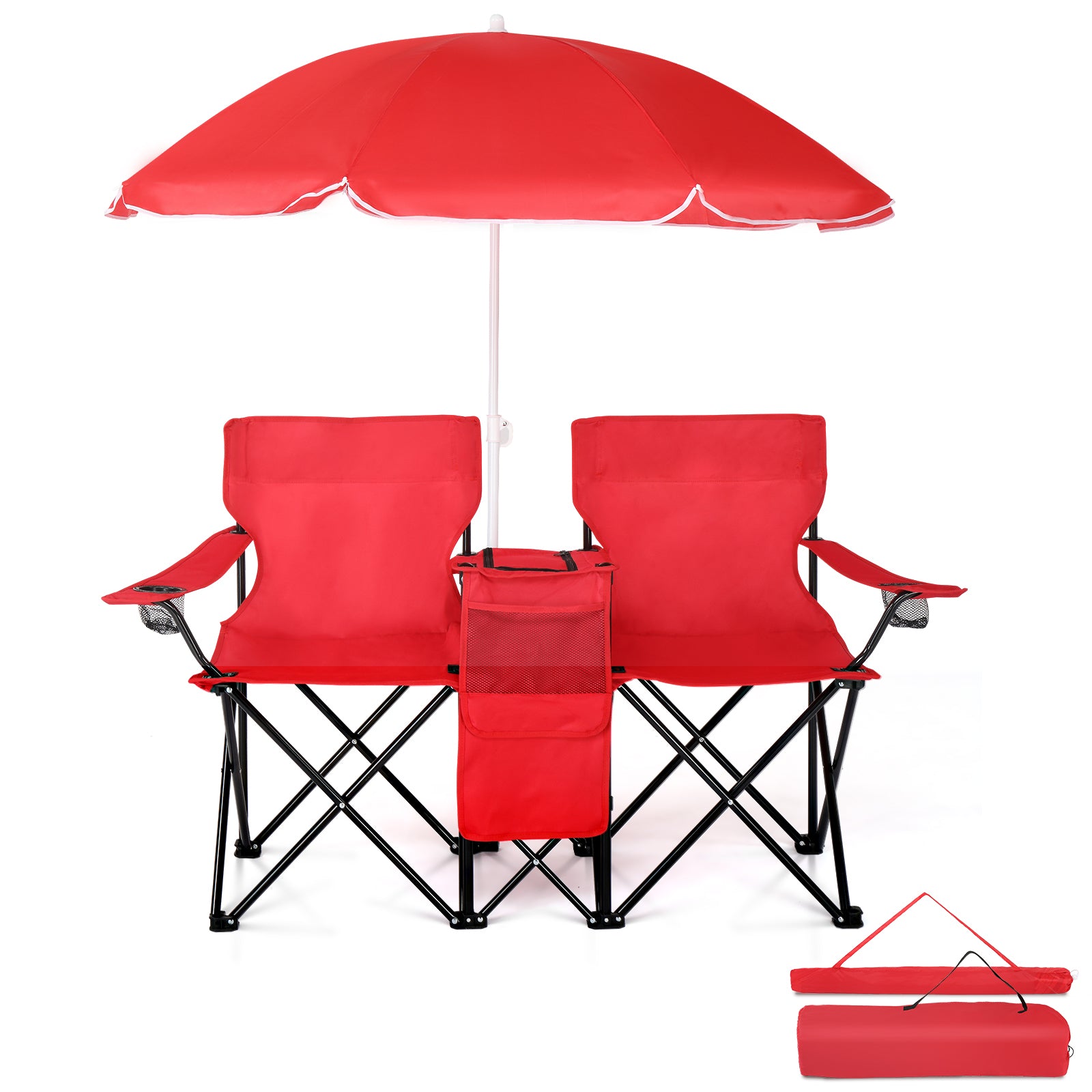 HAOYYE Portable 2-Seat Folding Chair with Removable Sun Umbrella, Red, Sturdy Outdoor Camping Bench with Built-in Cup Holders, Lightweight and Space-Saving Design, Ideal for Beach, Picnic, Patio, and Outdoor Activities