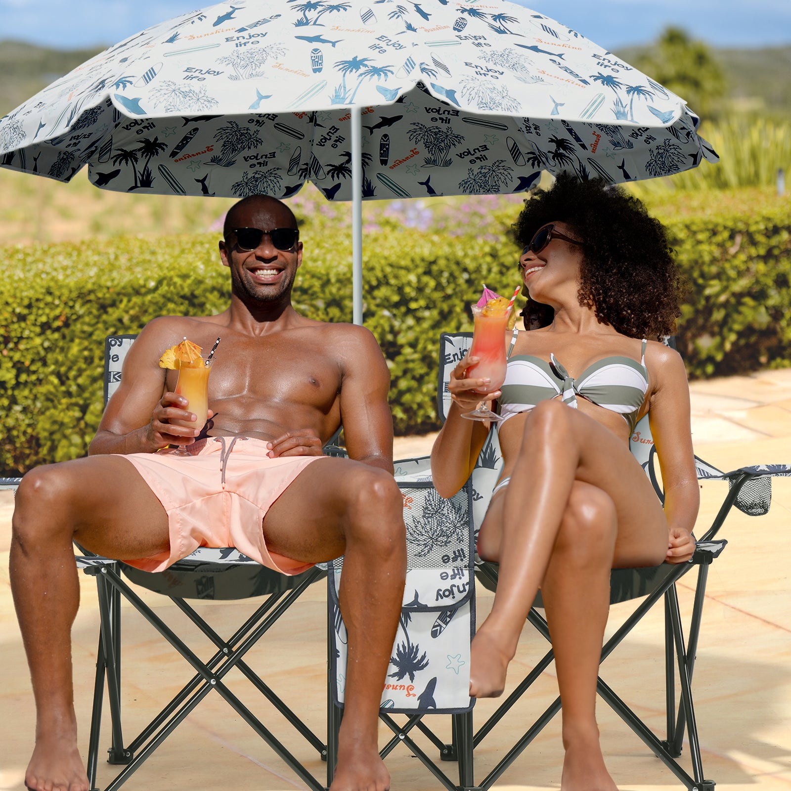 HAOYYE Portable 2-Seat Folding Chair with Removable Sun Umbrella, Sturdy Outdoor Camping Bench with Built-in Cup Holders, Lightweight and Space-Saving Design, Ideal for Beach, Picnic, Patio, and Outdoor Adventures
