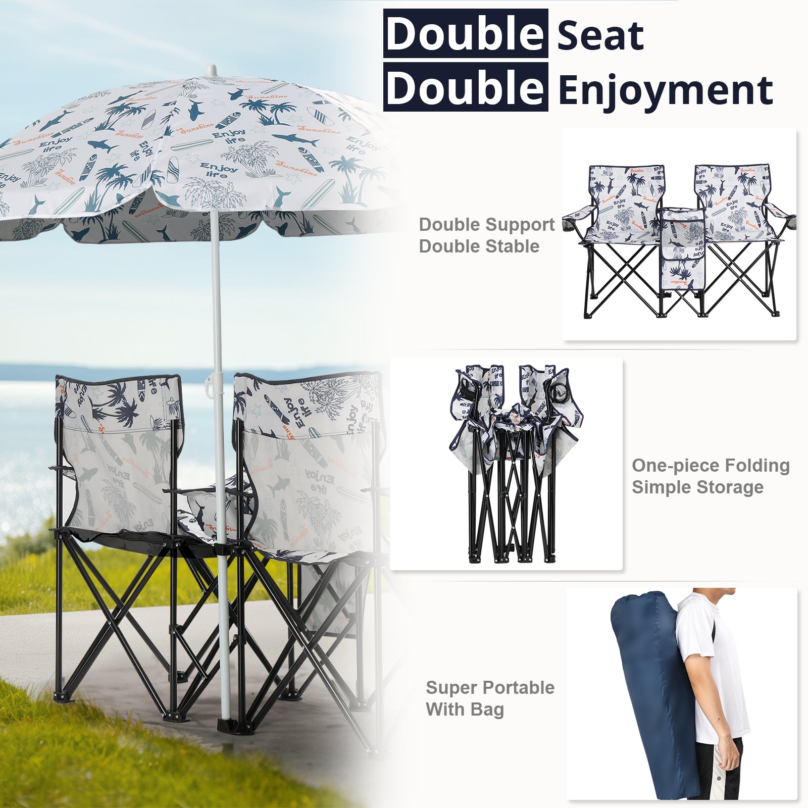 HAOYYE Portable 2-Seat Folding Chair with Removable Sun Umbrella, Sturdy Outdoor Camping Bench with Built-in Cup Holders, Lightweight and Space-Saving Design, Ideal for Beach, Picnic, Patio, and Outdoor Adventures