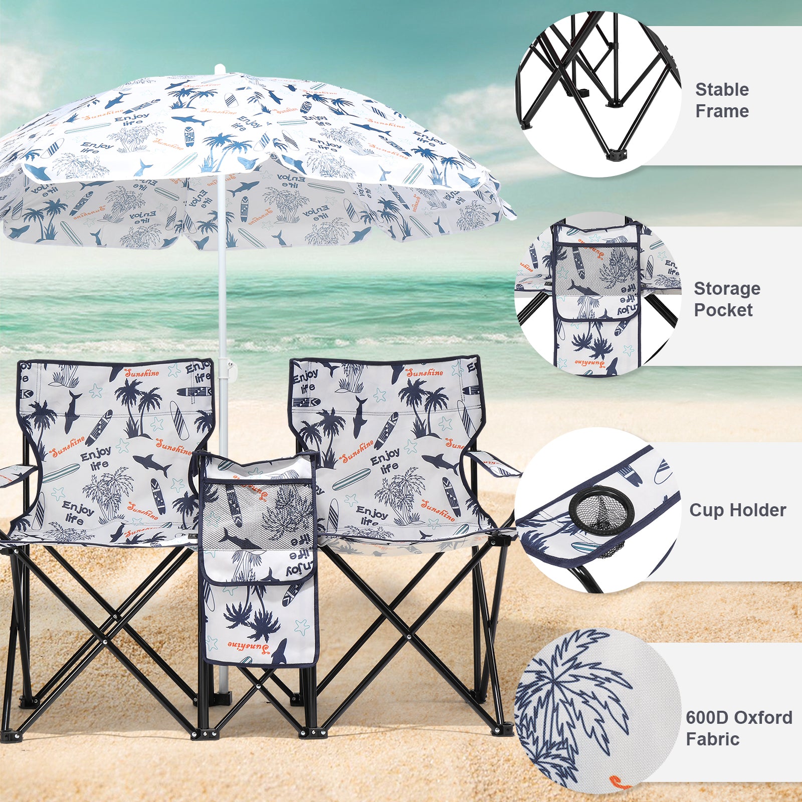 HAOYYE Portable 2-Seat Folding Chair with Removable Sun Umbrella, Sturdy Outdoor Camping Bench with Built-in Cup Holders, Lightweight and Space-Saving Design, Ideal for Beach, Picnic, Patio, and Outdoor Adventures