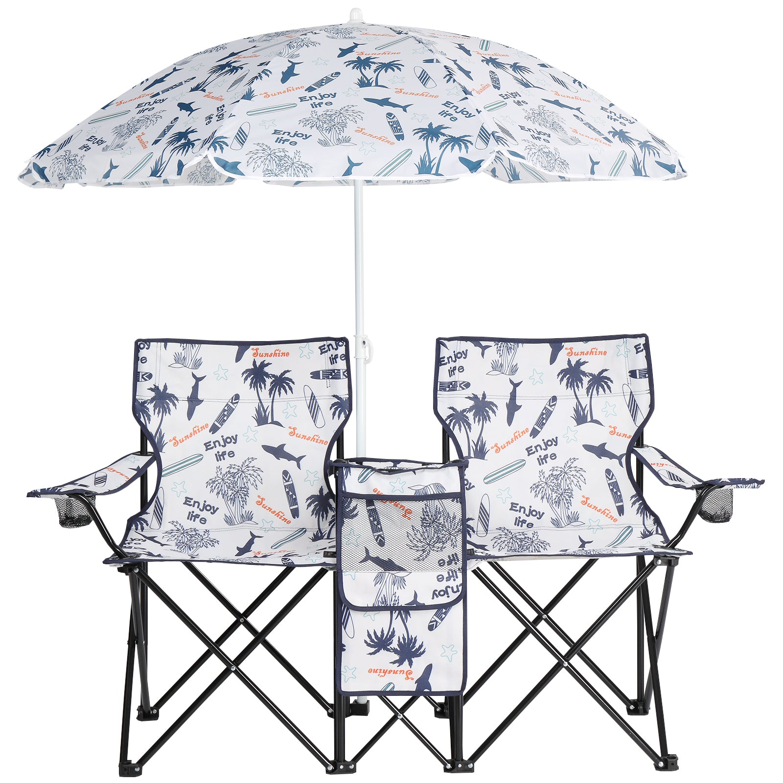 HAOYYE Portable 2-Seat Folding Chair with Removable Sun Umbrella, Sturdy Outdoor Camping Bench with Built-in Cup Holders, Lightweight and Space-Saving Design, Ideal for Beach, Picnic, Patio, and Outdoor Adventures