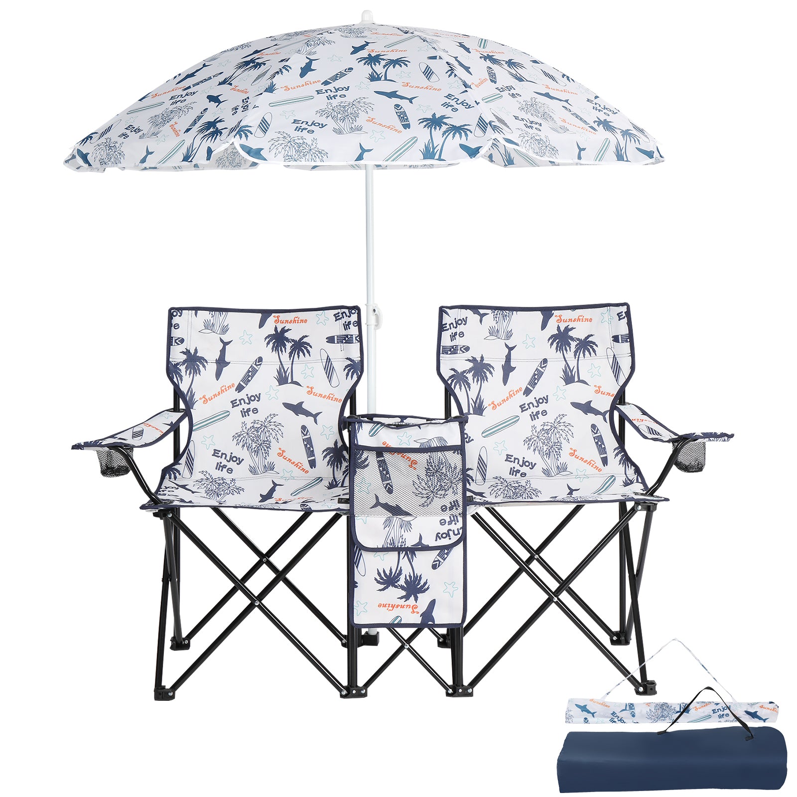 HAOYYE Portable 2-Seat Folding Chair with Removable Sun Umbrella, Sturdy Outdoor Camping Bench with Built-in Cup Holders, Lightweight and Space-Saving Design, Ideal for Beach, Picnic, Patio, and Outdoor Adventures