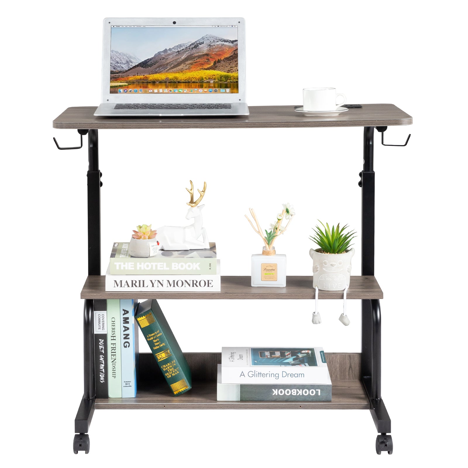 Haoyye Gray Oak P2 Particle Board Adjustable Computer Desk with Melamine Coating, 3 USB and 2 AC Outlets, Ergonomic Height Adjustment, Durable and Modern Design for Student and Office Use