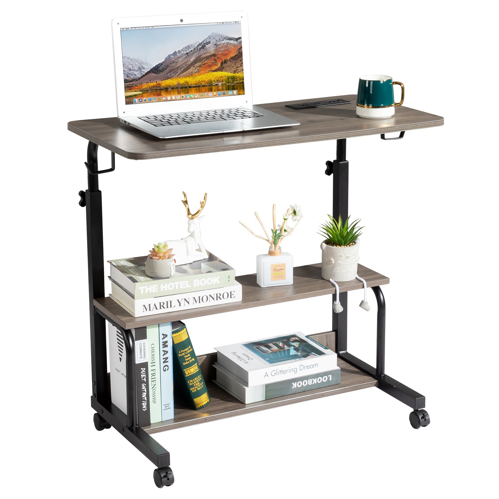 Haoyye Gray Oak P2 Particle Board Adjustable Computer Desk with Melamine Coating, 3 USB and 2 AC Outlets, Ergonomic Height Adjustment, Durable and Modern Design for Student and Office Use