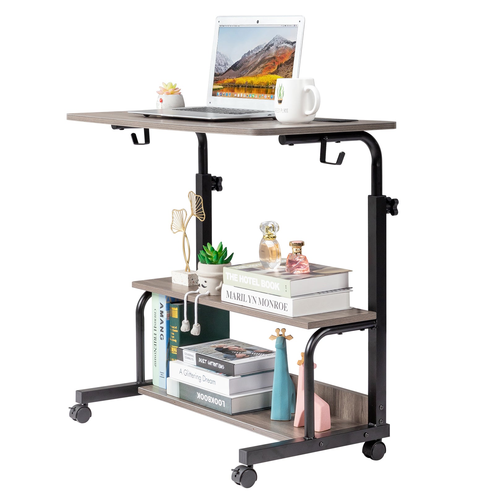 Haoyye Gray Oak P2 Particle Board Adjustable Computer Desk with Melamine Coating, 3 USB and 2 AC Outlets, Ergonomic Height Adjustment, Durable and Modern Design for Student and Office Use