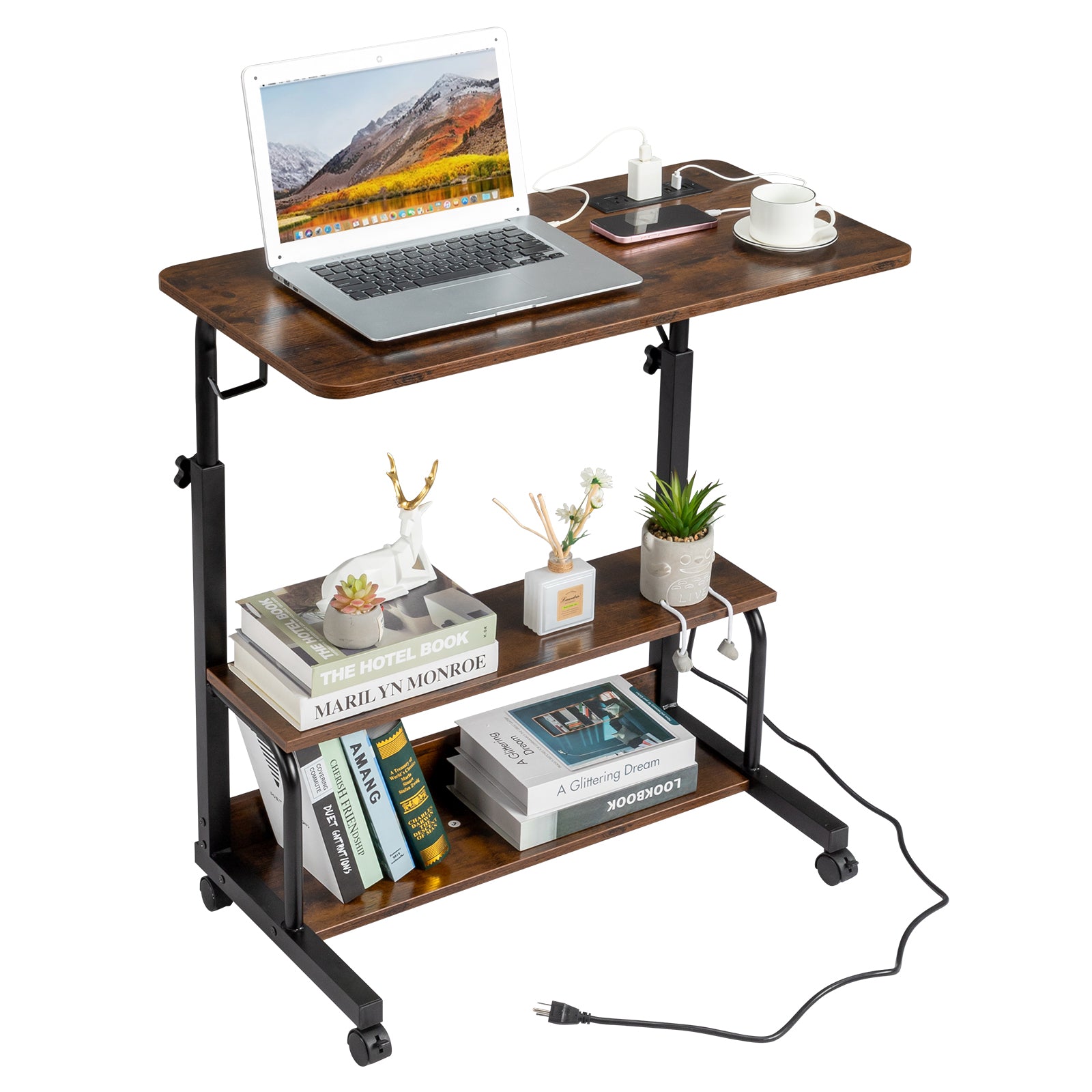 Haoyye Brown Oak P2 Particle Board Adjustable Computer Desk with Melamine Coating, Featuring Three USB and Two AC Outlets, Ergonomic Height Adjustment for Personalized Comfort