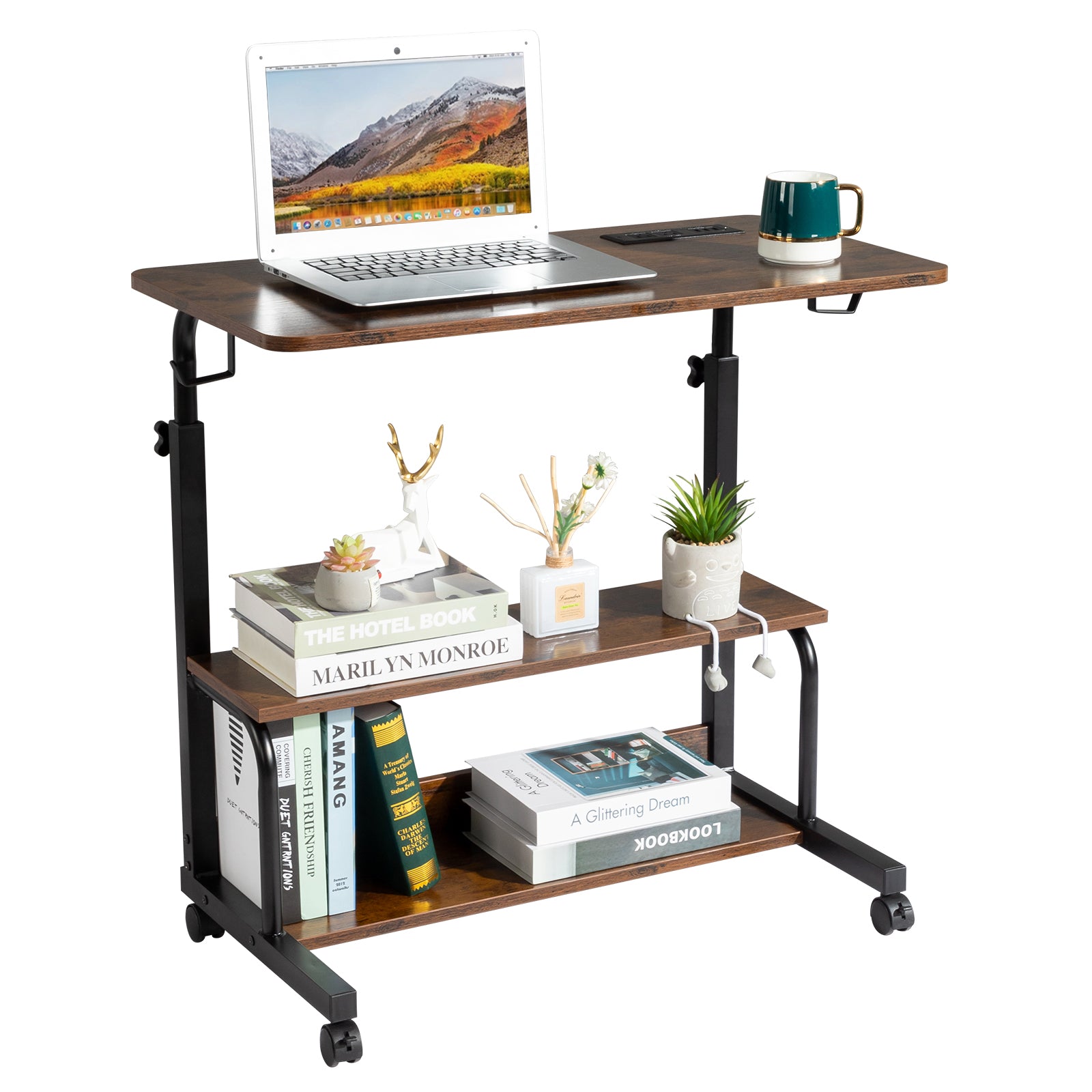 Haoyye Brown Oak P2 Particle Board Adjustable Computer Desk with Melamine Coating, Featuring Three USB and Two AC Outlets, Ergonomic Height Adjustment for Personalized Comfort
