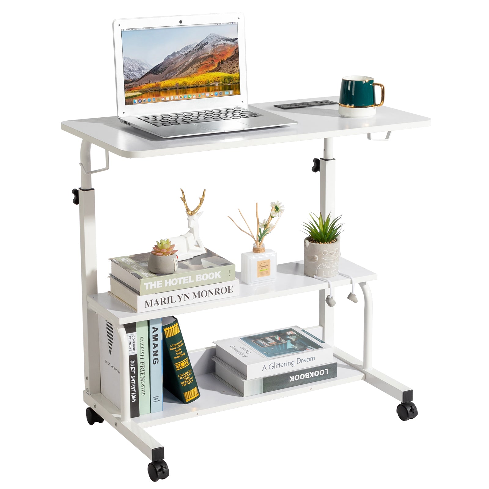 Haoyye White Oak P2 Particle Board Adjustable Computer Desk With Melamine Coating, Featuring Three USB And Two AC Outlets And Ergonomic Height Adjustment For Maximum Comfort.