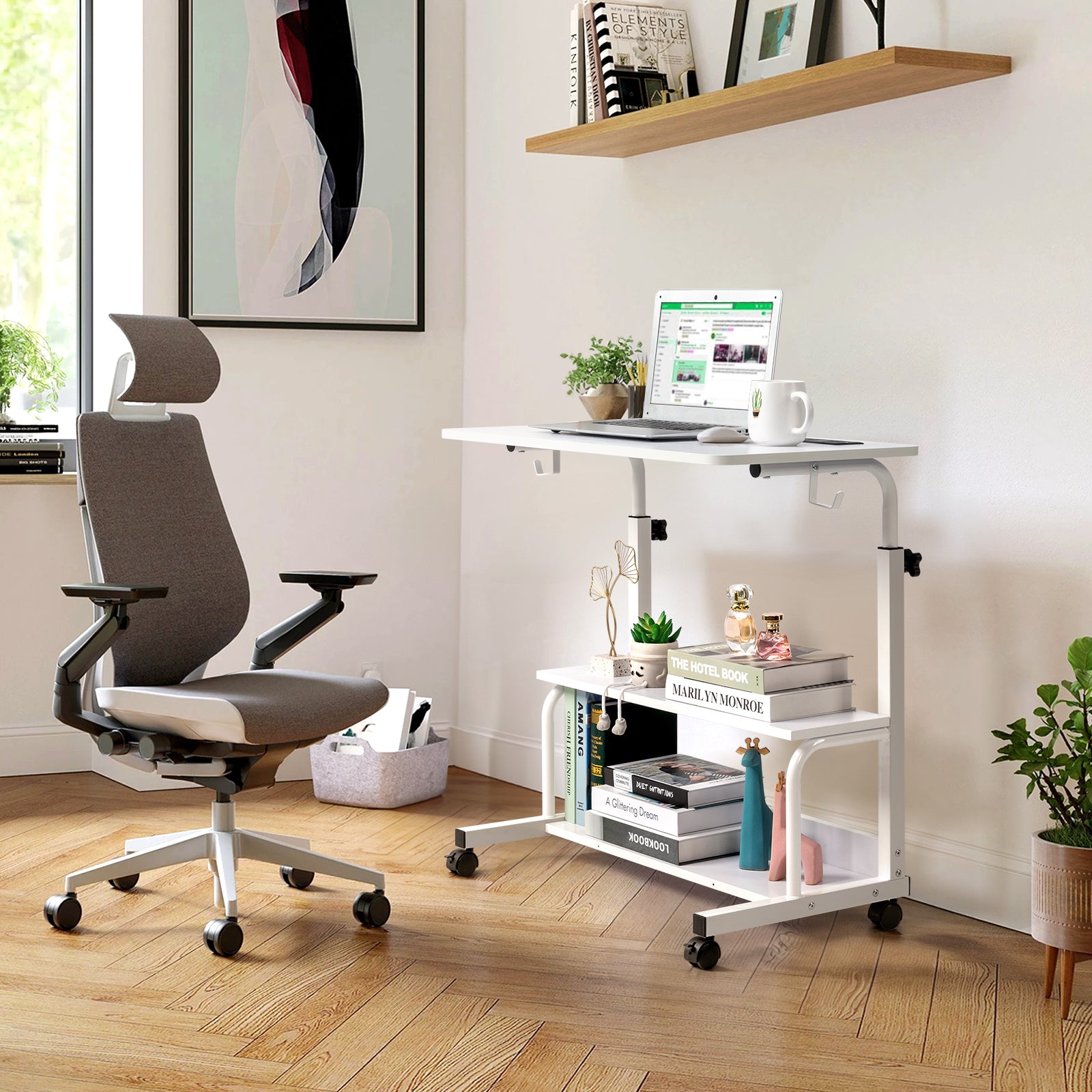 Haoyye White Oak P2 Particle Board Adjustable Computer Desk With Melamine Coating, Featuring Three USB And Two AC Outlets And Ergonomic Height Adjustment For Maximum Comfort.