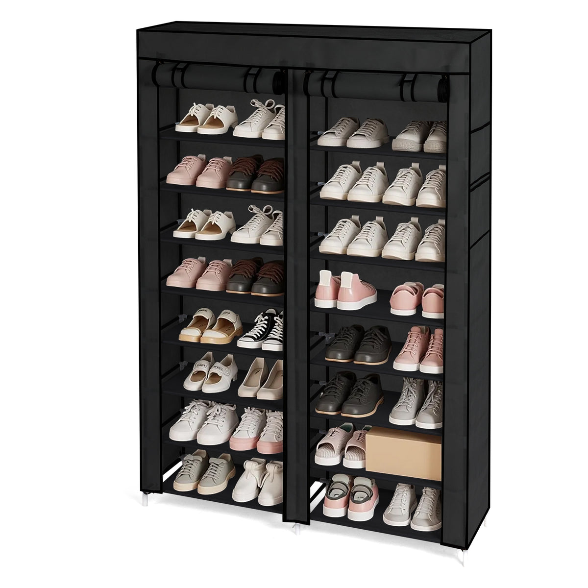 HAOYYE Double Row 10-Tier Non-Woven Fabric Shoe Cabinet with Durable Iron Frame and Plastic Connectors, Space-Saving Black Shoe Organizer for Bedroom Entryway Hallway Closet Storage