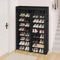 HAOYYE Double Row 10-Tier Non-Woven Fabric Shoe Cabinet with Durable Iron Frame and Plastic Connectors, Space-Saving Black Shoe Organizer for Bedroom Entryway Hallway Closet Storage