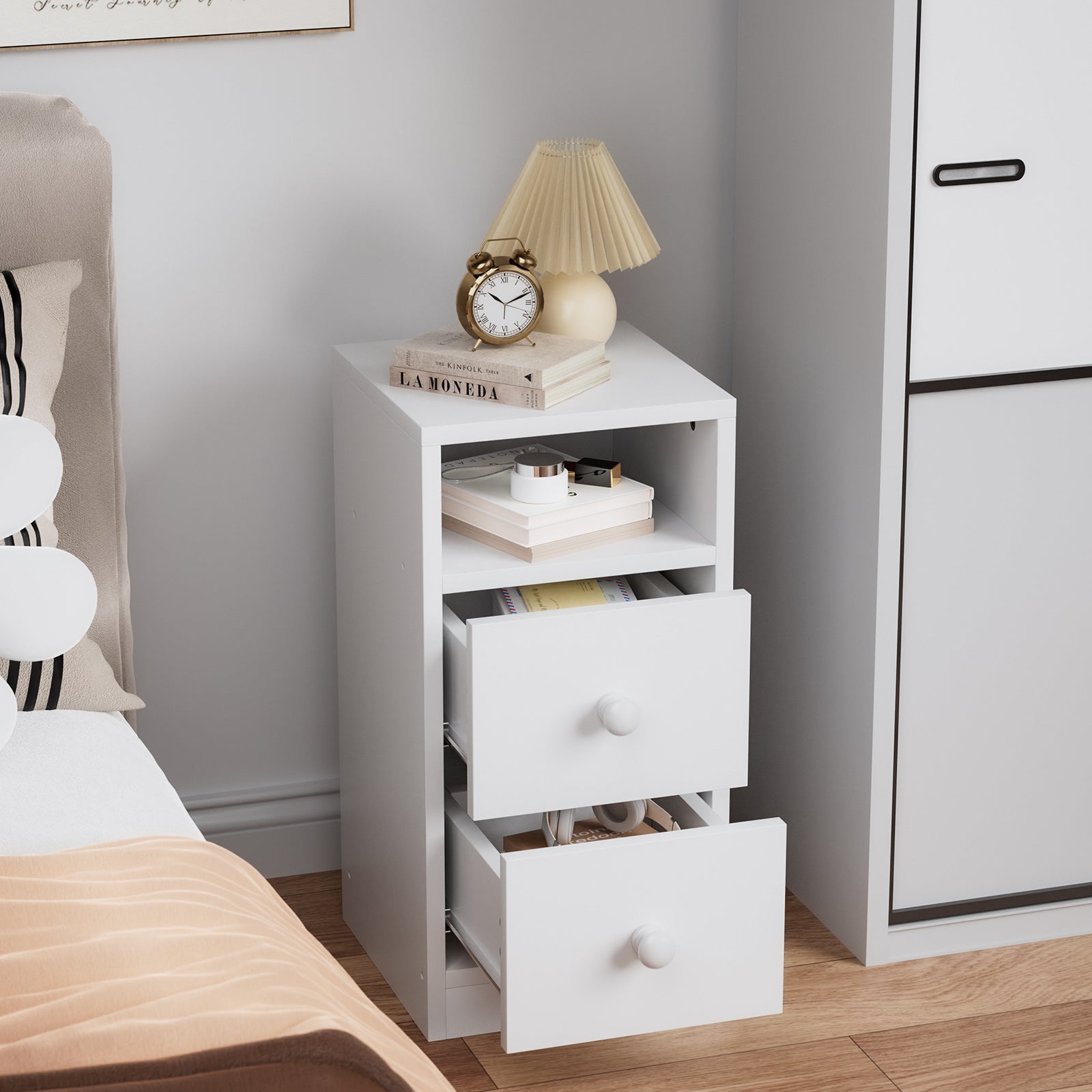 DE Direct HAOYYE 2PCS Night Stand with Two Drawer White Modern Bedside Table for Bedroom Living Room Dorm Space-Saving Minimalist Style End Table with Storage Cabinet
