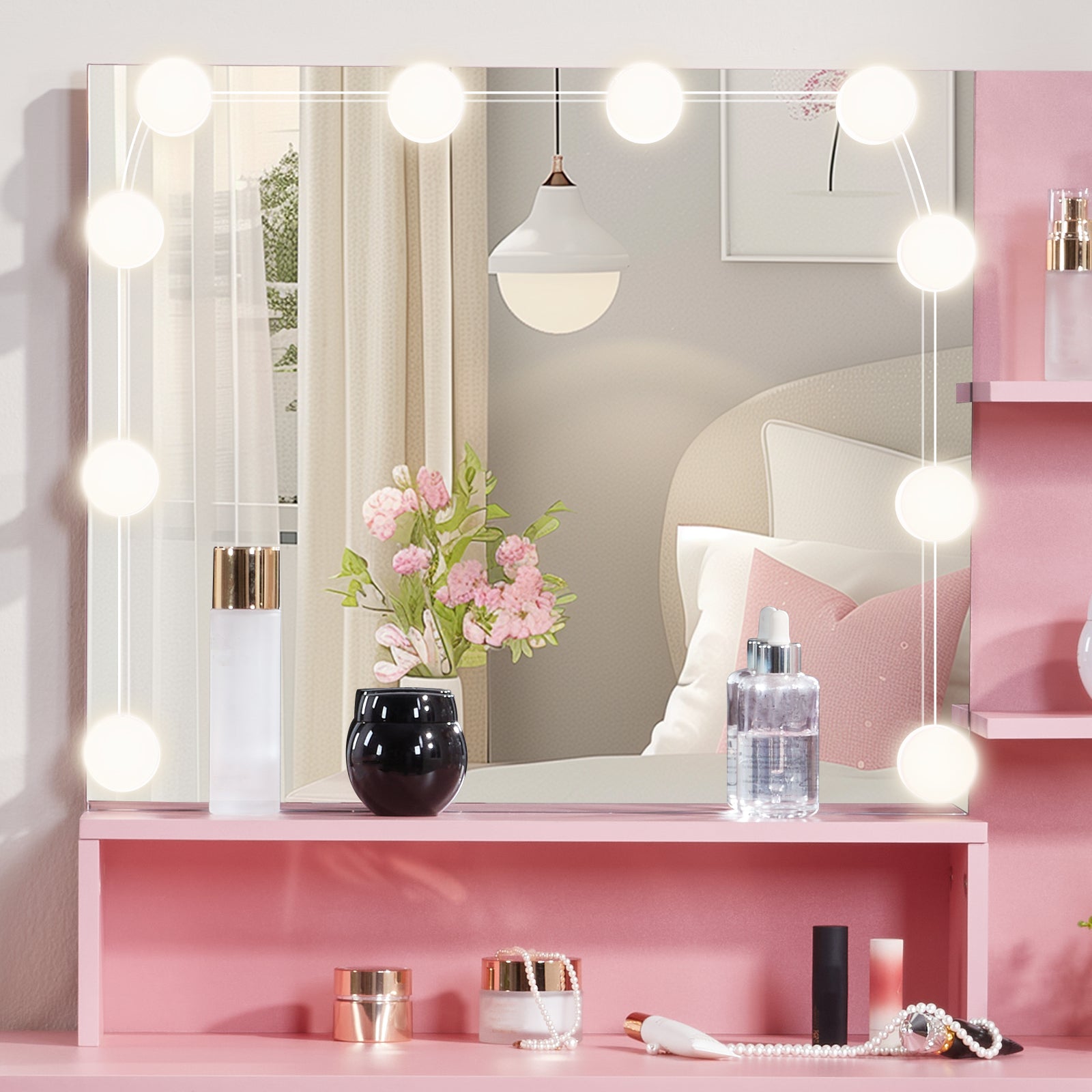 HAOYYE Pink Textured Particle Board with Melamine Coating Vanity Set with 1 Drawer, 1 Door, and 3 Shelf Layers, featuring Three-Tone Dimmable Globe Bulb Lamp