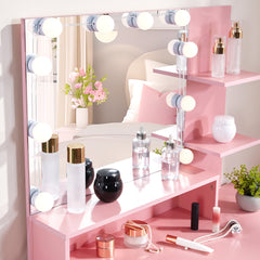 HAOYYE Pink Textured Particle Board with Melamine Coating Vanity Set with 1 Drawer, 1 Door, and 3 Shelf Layers, featuring Three-Tone Dimmable Globe Bulb Lamp