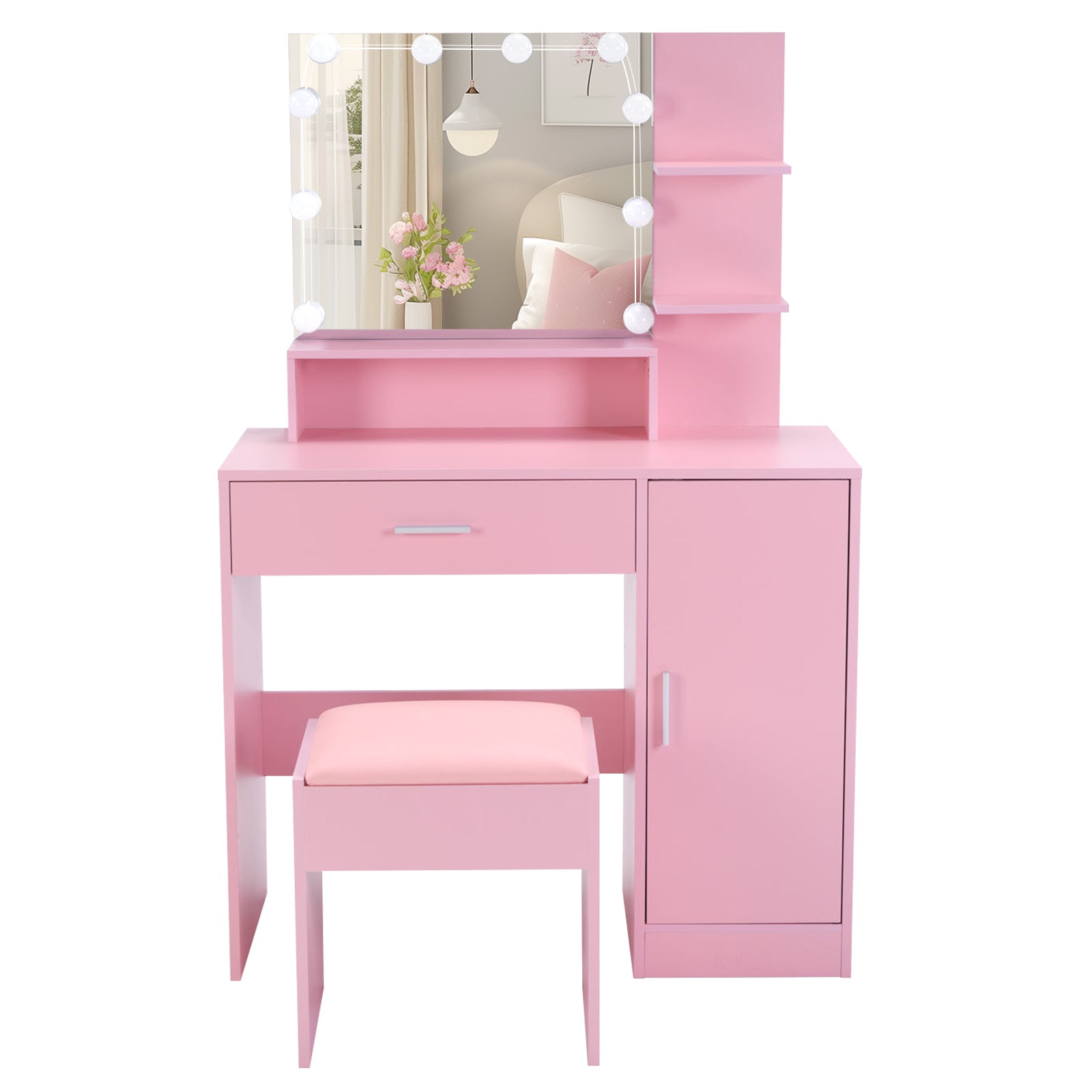 HAOYYE Pink Textured Particle Board with Melamine Coating Vanity Set with 1 Drawer, 1 Door, and 3 Shelf Layers, featuring Three-Tone Dimmable Globe Bulb Lamp