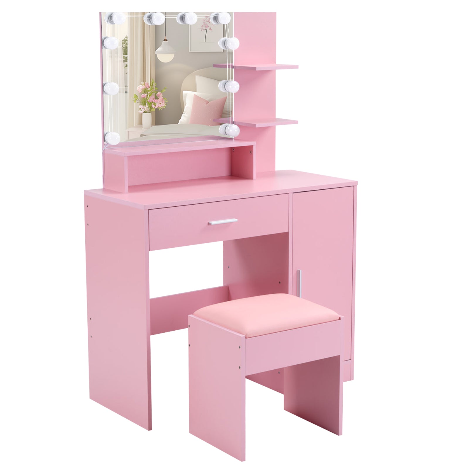 HAOYYE Pink Textured Particle Board with Melamine Coating Vanity Set with 1 Drawer, 1 Door, and 3 Shelf Layers, featuring Three-Tone Dimmable Globe Bulb Lamp