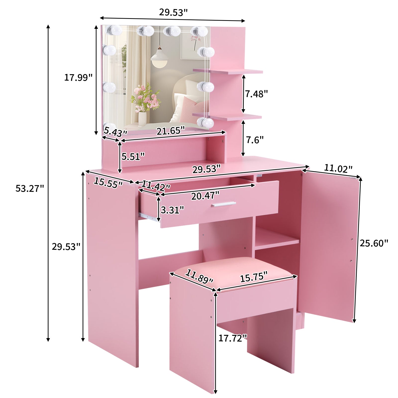 HAOYYE Pink Textured Particle Board with Melamine Coating Vanity Set with 1 Drawer, 1 Door, and 3 Shelf Layers, featuring Three-Tone Dimmable Globe Bulb Lamp
