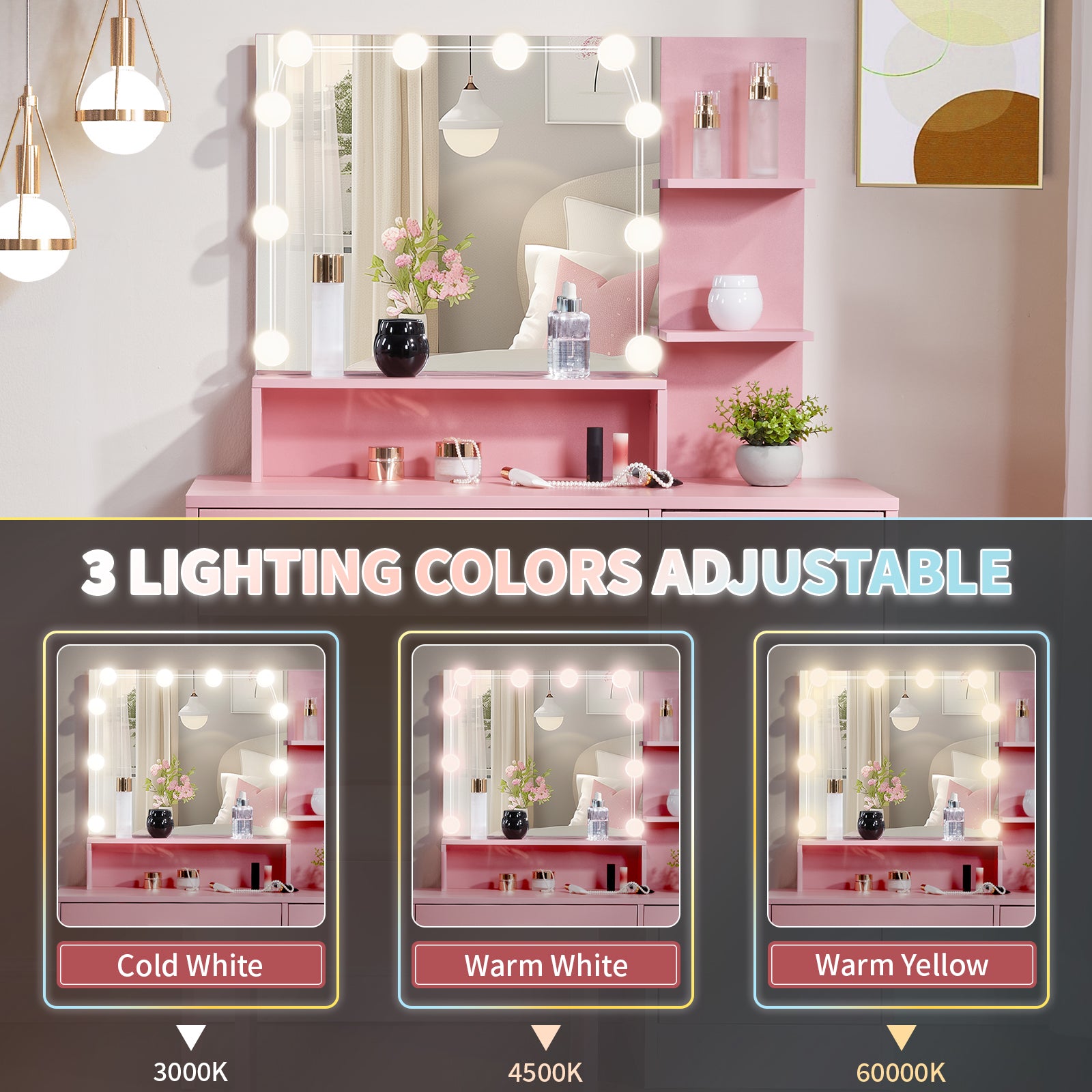 HAOYYE Pink Textured Particle Board with Melamine Coating Vanity Set with 1 Drawer, 1 Door, and 3 Shelf Layers, featuring Three-Tone Dimmable Globe Bulb Lamp