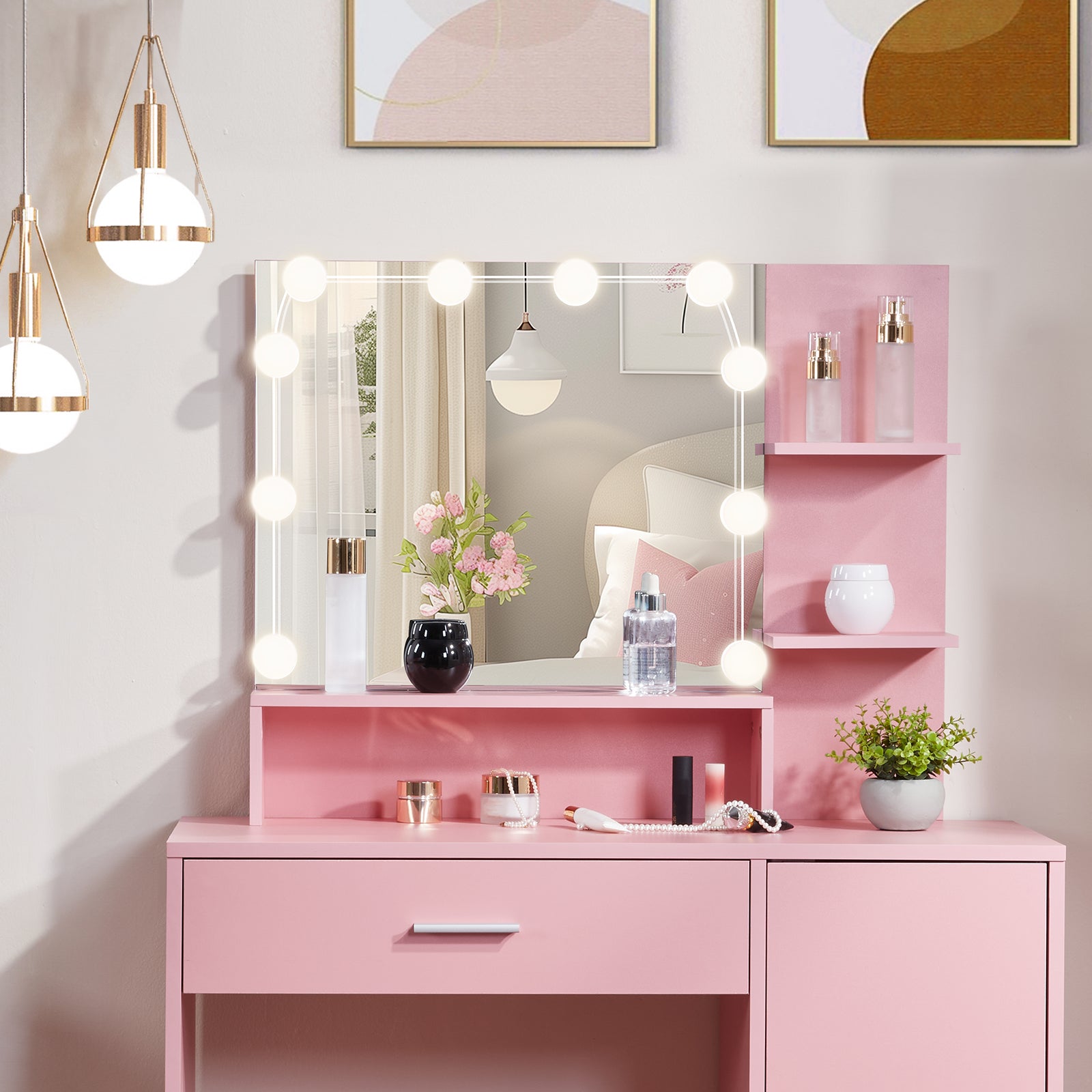 HAOYYE Pink Textured Particle Board with Melamine Coating Vanity Set with 1 Drawer, 1 Door, and 3 Shelf Layers, featuring Three-Tone Dimmable Globe Bulb Lamp