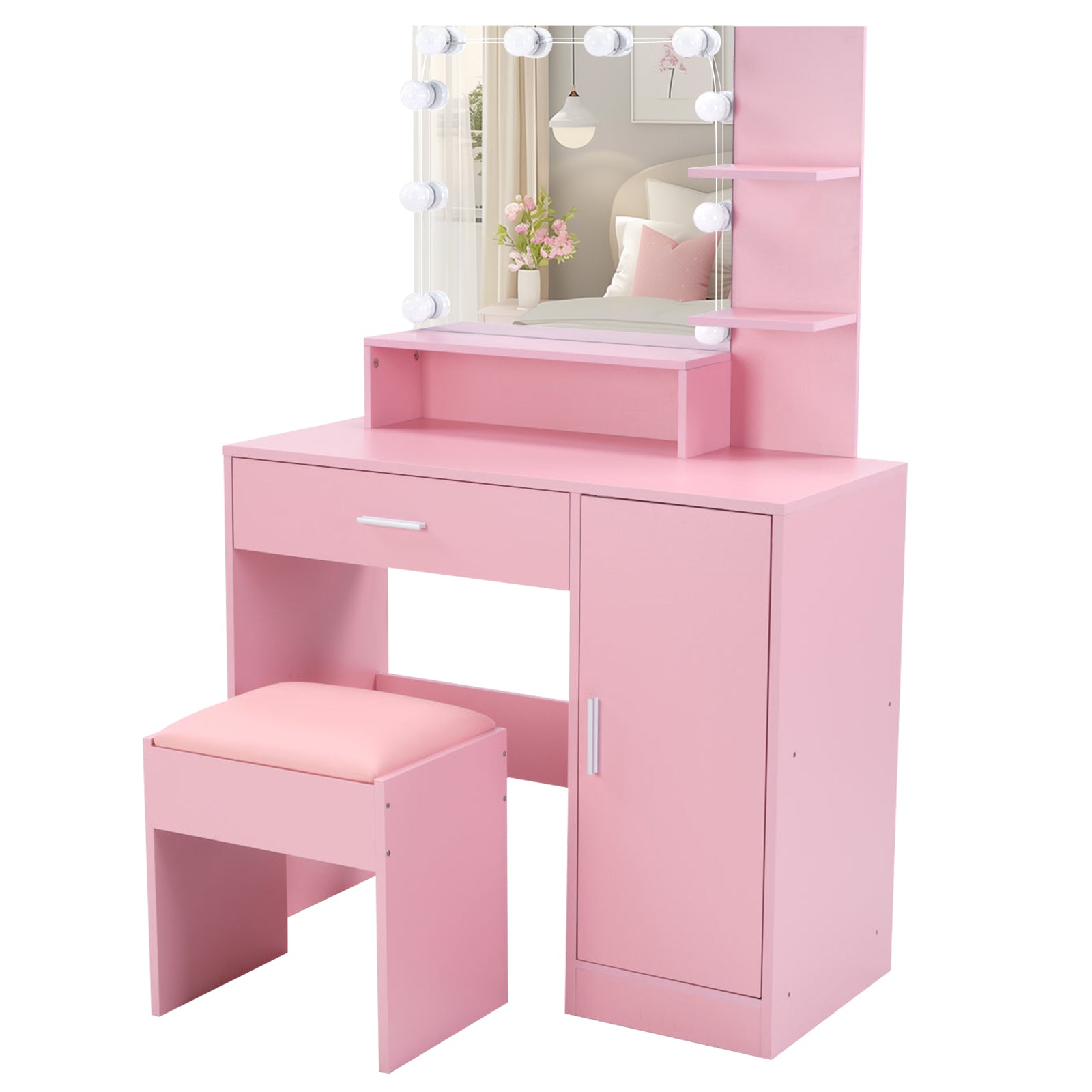 HAOYYE Pink Textured Particle Board with Melamine Coating Vanity Set with 1 Drawer, 1 Door, and 3 Shelf Layers, featuring Three-Tone Dimmable Globe Bulb Lamp