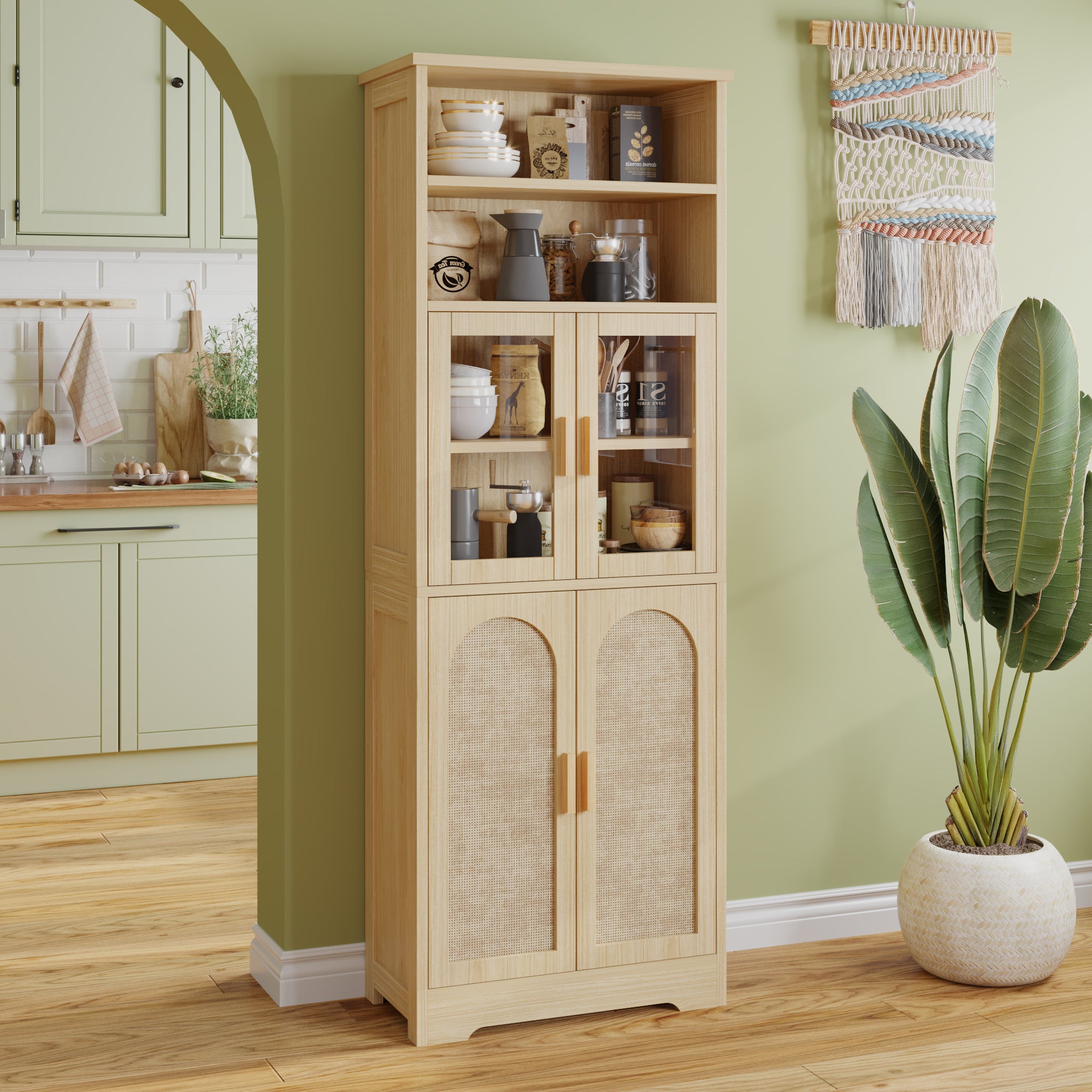 HAOYYE 4-Door 6-Tier Display Cabinet with Rattan Surface and Triamine Board Veneer Original Wood Color for Living Room Bedroom Office Storage Organizer Bookshelf N001