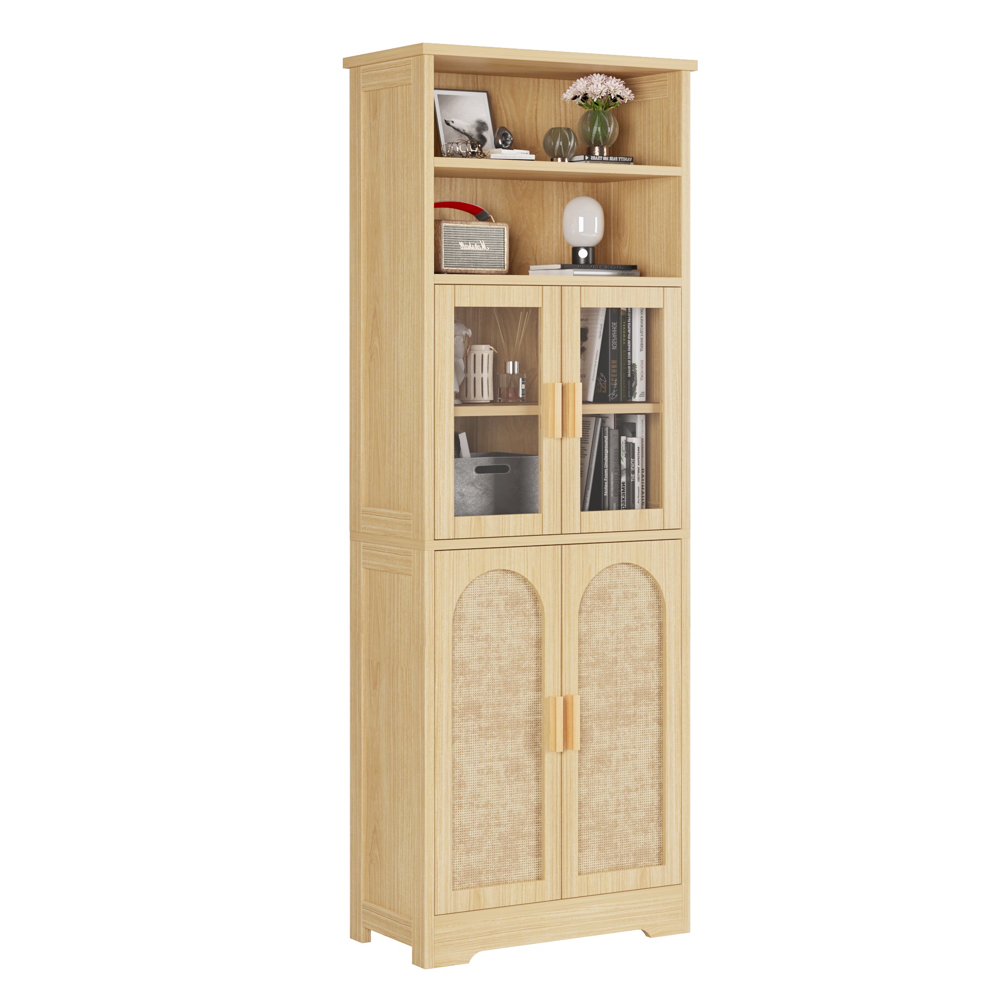 HAOYYE 4-Door 6-Tier Display Cabinet with Rattan Surface and Triamine Board Veneer Original Wood Color for Living Room Bedroom Office Storage Organizer Bookshelf N001