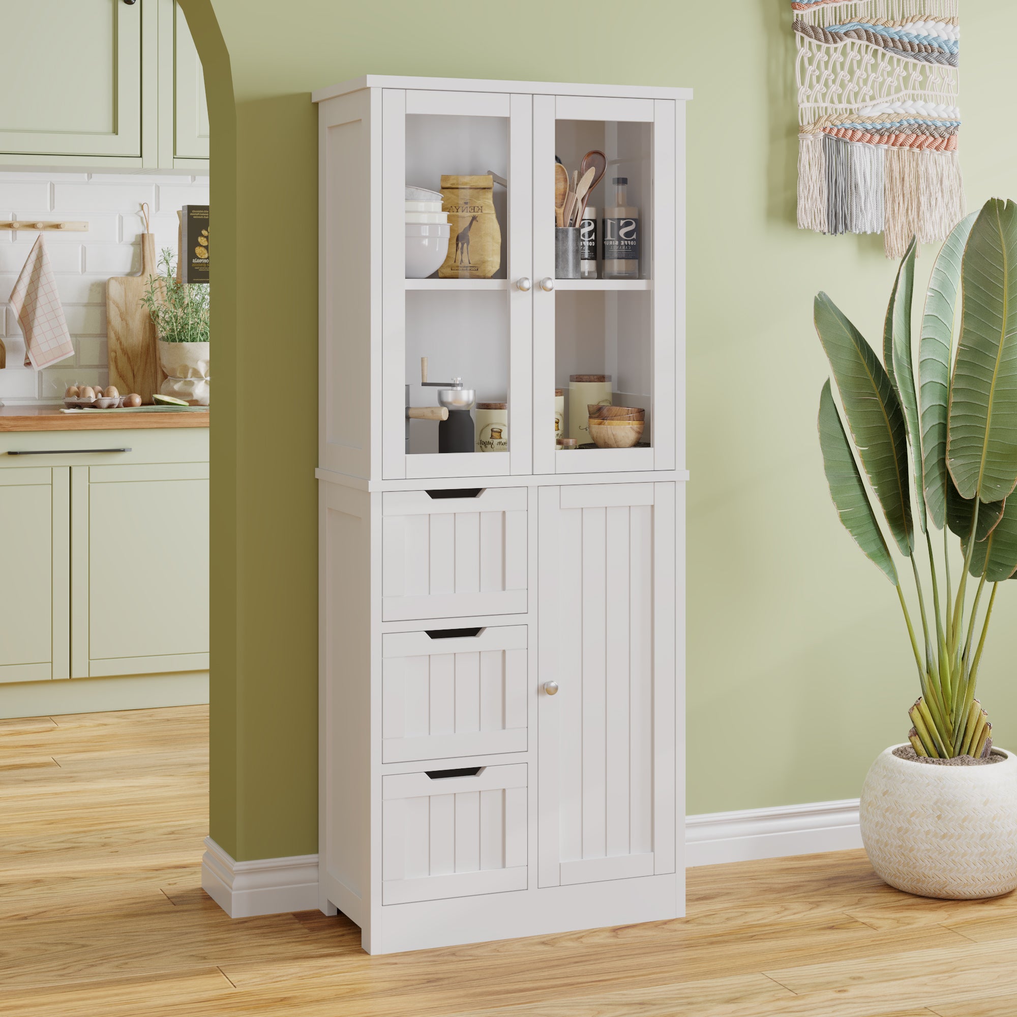 HAOYYE Bathroom Storage Cabinet with 3 Doors 3 Drawers and 4-Tier Shelves White Freestanding Organizer for Towels Toiletries and Daily Essentials Modern Space-Saving Furniture for Home or Apartment