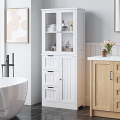 HAOYYE Bathroom Storage Cabinet with 3 Doors 3 Drawers and 4-Tier Shelves White Freestanding Organizer for Towels Toiletries and Daily Essentials Modern Space-Saving Furniture for Home or Apartment
