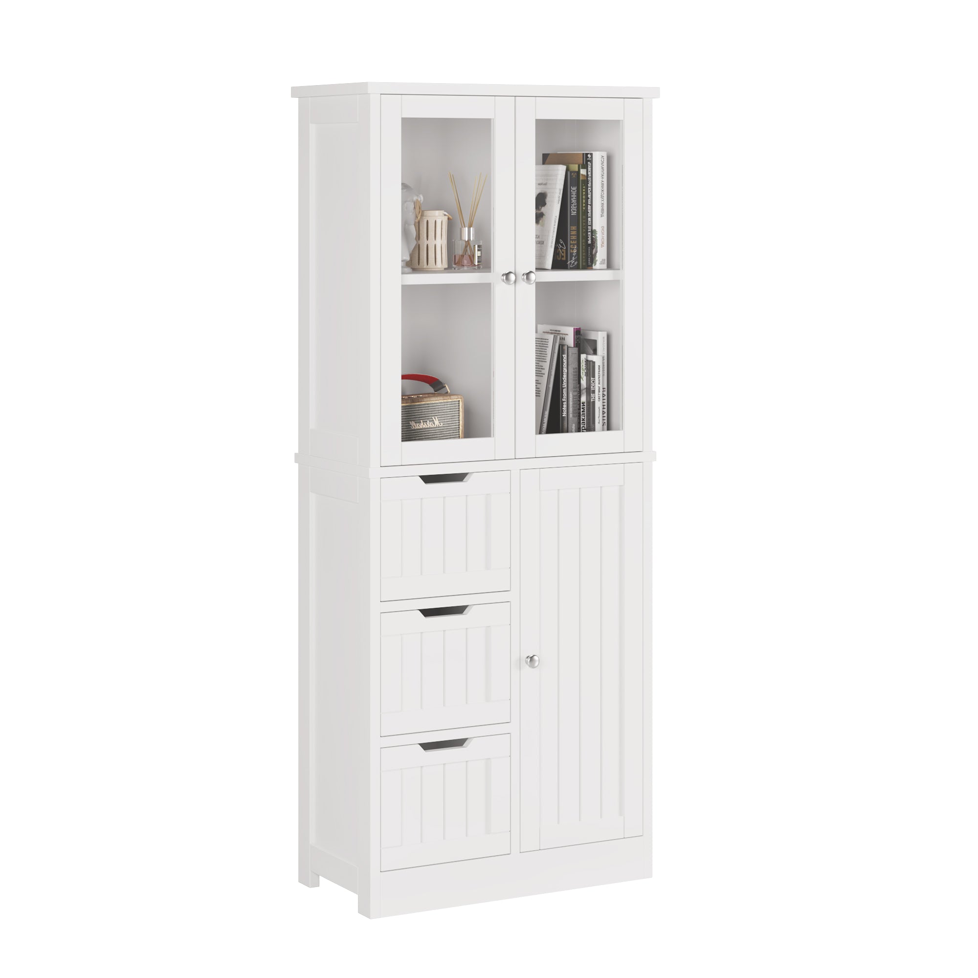HAOYYE Bathroom Storage Cabinet with 3 Doors 3 Drawers and 4-Tier Shelves White Freestanding Organizer for Towels Toiletries and Daily Essentials Modern Space-Saving Furniture for Home or Apartment