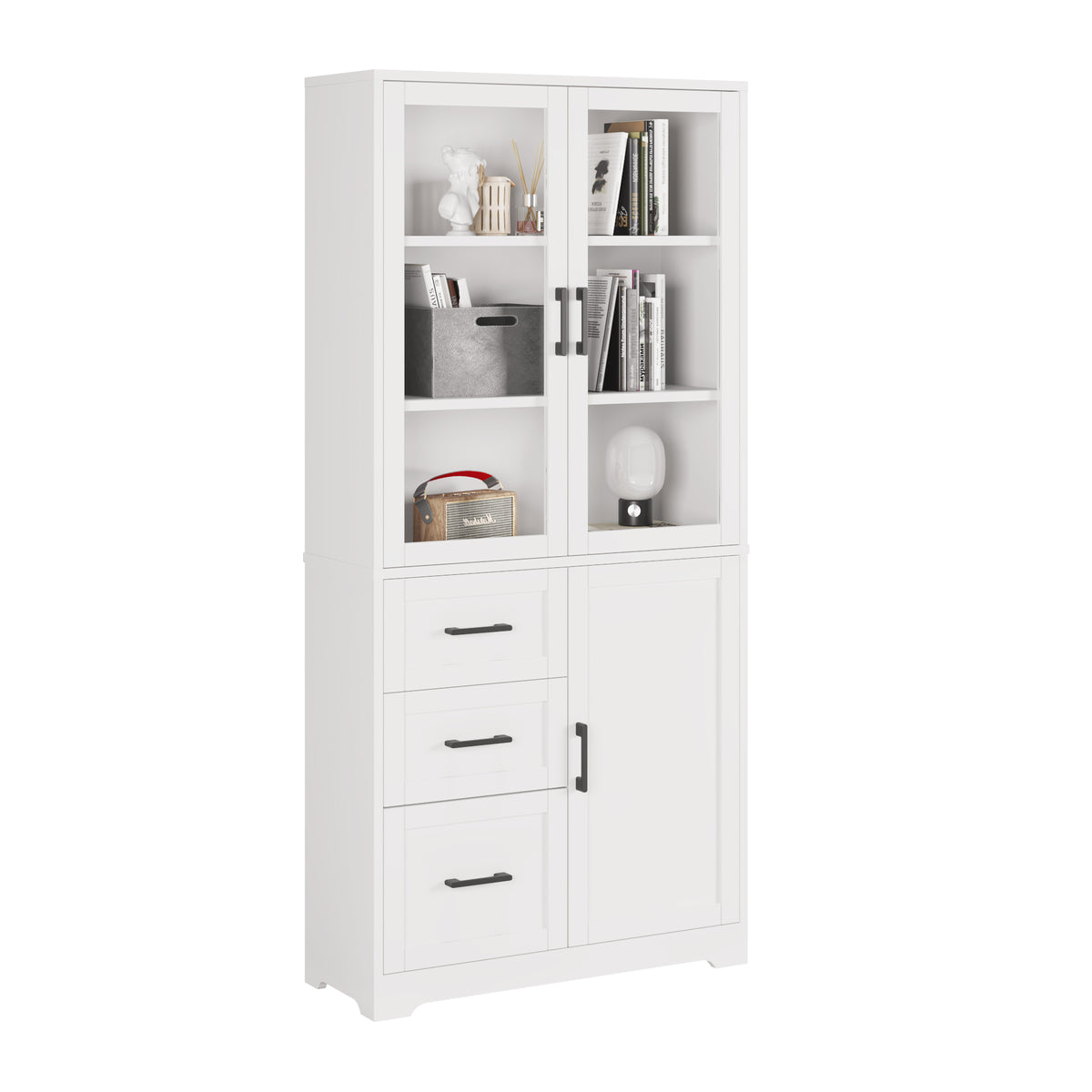 HAOYYE Display Cabinet with 3 Doors 3 Drawers and 5 Storage Layers, Tempered Glass Panels, Triamine Board Veneer Storage Organizer for Bathroom Living Room Kitchen Entryway