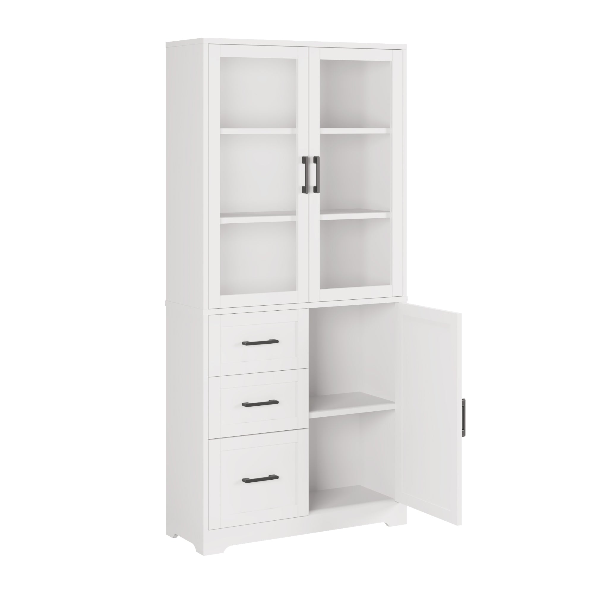 HAOYYE Display Cabinet with 3 Doors 3 Drawers and 5 Storage Layers, Tempered Glass Panels, Triamine Board Veneer Storage Organizer for Bathroom Living Room Kitchen Entryway