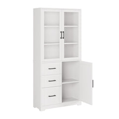 HAOYYE Display Cabinet with 3 Doors 3 Drawers and 5 Storage Layers, Tempered Glass Panels, Triamine Board Veneer Storage Organizer for Bathroom Living Room Kitchen Entryway