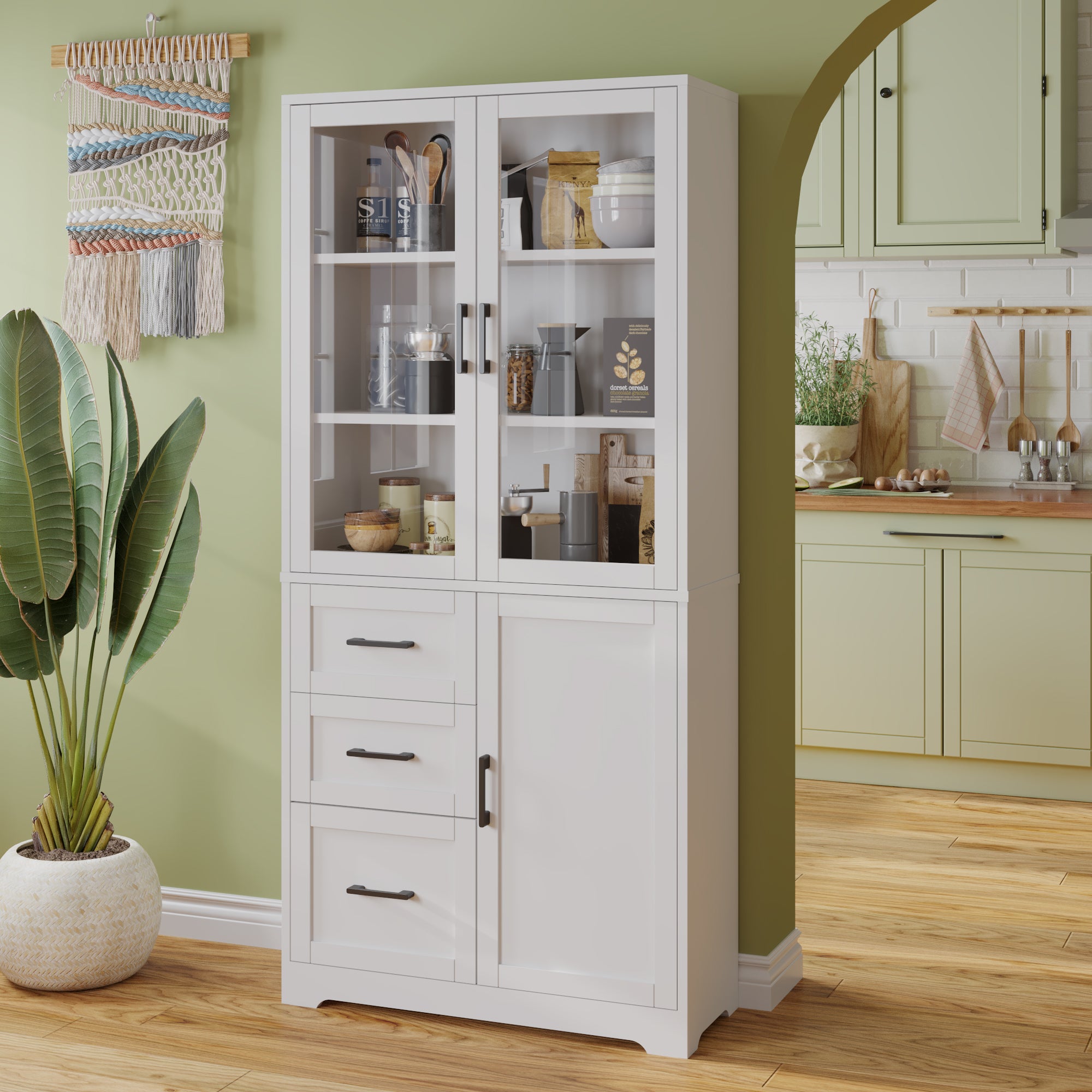 HAOYYE Display Cabinet with 3 Doors 3 Drawers and 5 Storage Layers, Tempered Glass Panels, Triamine Board Veneer Storage Organizer for Bathroom Living Room Kitchen Entryway