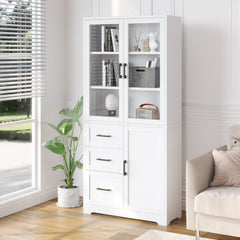 HAOYYE Display Cabinet with 3 Doors 3 Drawers and 5 Storage Layers, Tempered Glass Panels, Triamine Board Veneer Storage Organizer for Bathroom Living Room Kitchen Entryway