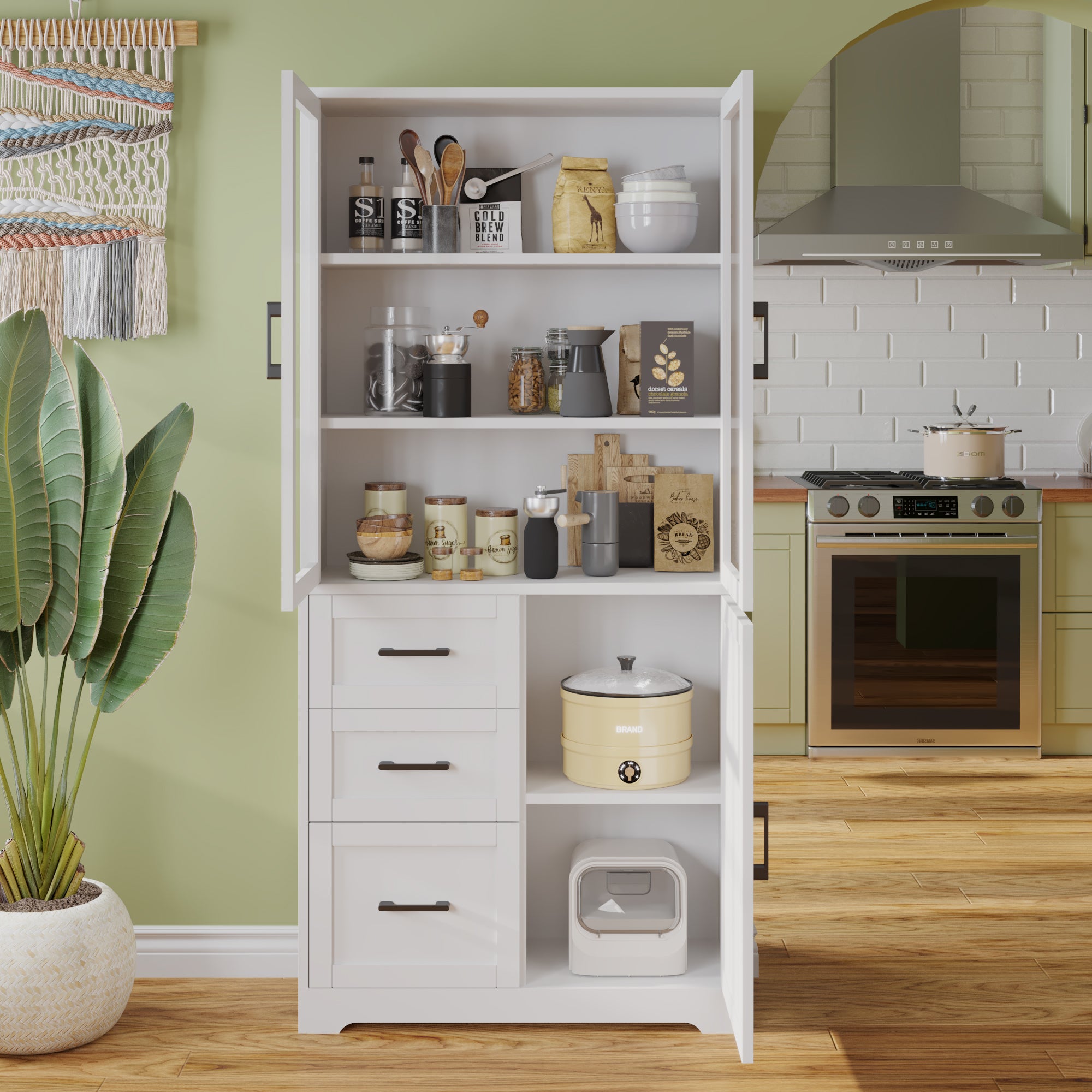 HAOYYE Display Cabinet with 3 Doors 3 Drawers and 5 Storage Layers, Tempered Glass Panels, Triamine Board Veneer Storage Organizer for Bathroom Living Room Kitchen Entryway
