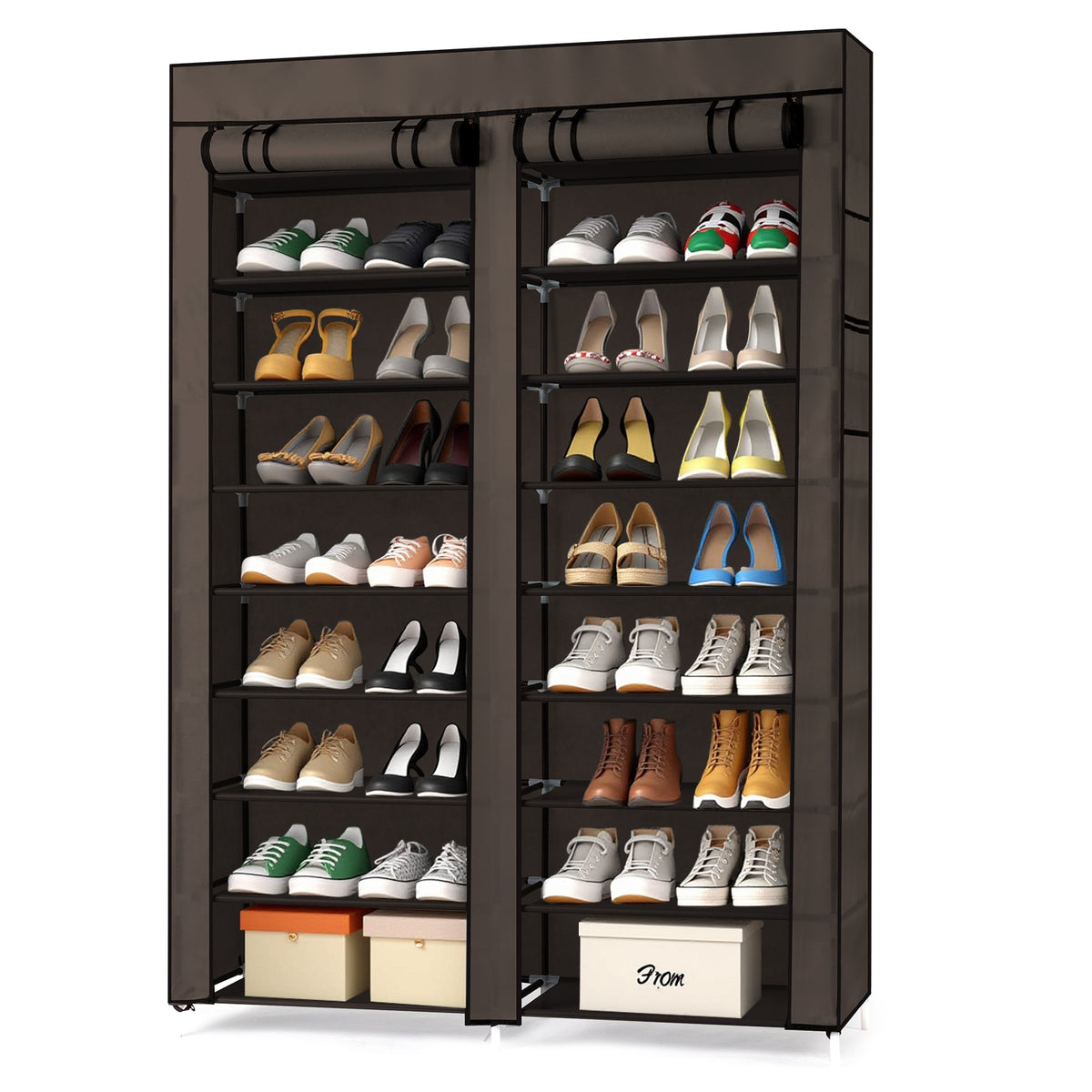 HAOYYE Double Row 10-Tier Non-Woven Fabric Shoe Cabinet with Sturdy Iron Frame and Durable Plastic Connectors, Space-Saving Brown Shoe Organizer for Entryway Closet Bedroom Hallway Storage