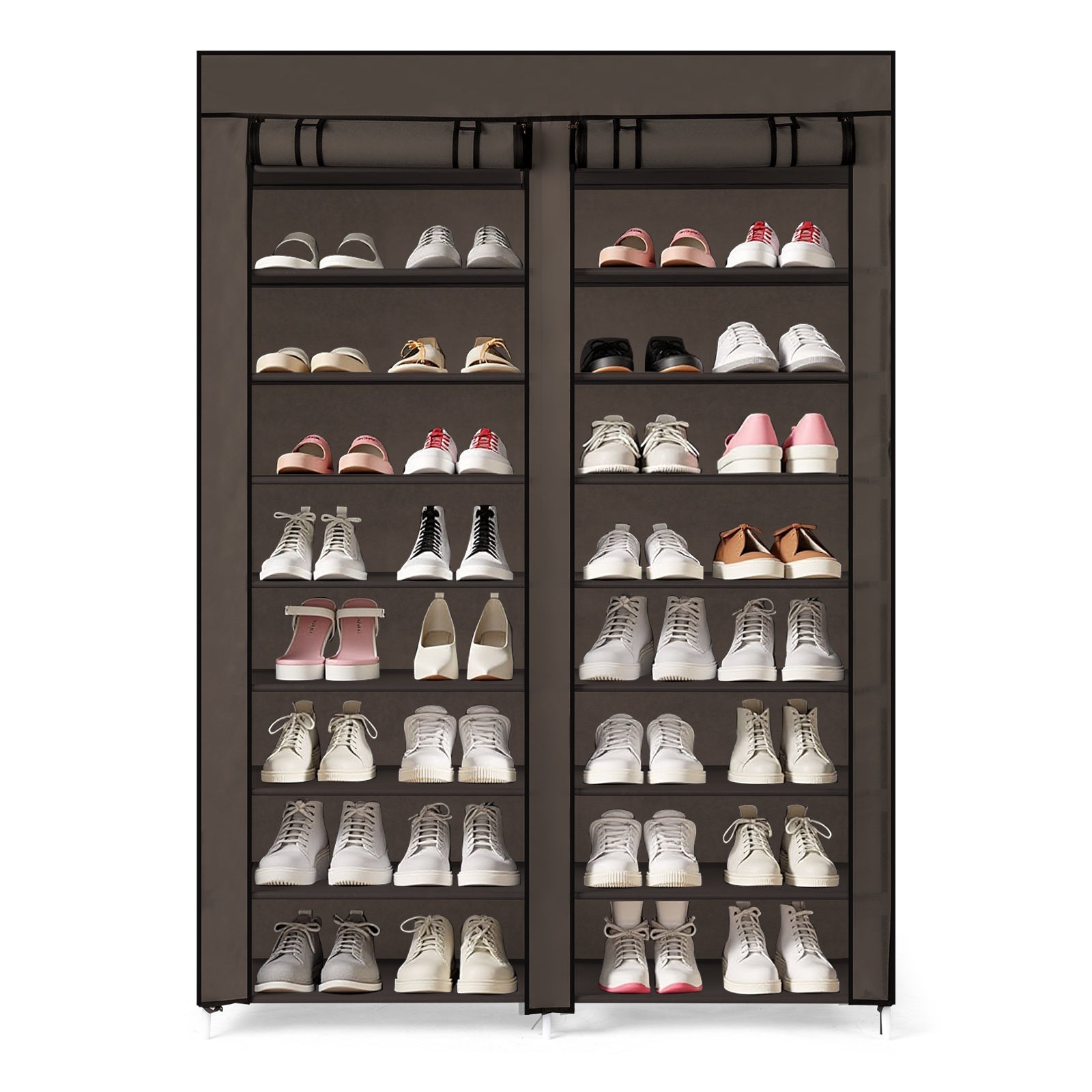 HAOYYE Double Row 10-Tier Non-Woven Fabric Shoe Cabinet with Sturdy Iron Frame and Durable Plastic Connectors, Space-Saving Brown Shoe Organizer for Entryway Closet Bedroom Hallway Storage