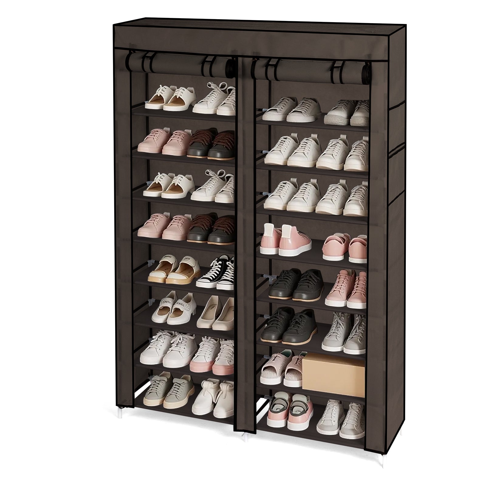 HAOYYE Double Row 10-Tier Non-Woven Fabric Shoe Cabinet with Sturdy Iron Frame and Durable Plastic Connectors, Space-Saving Brown Shoe Organizer for Entryway Closet Bedroom Hallway Storage