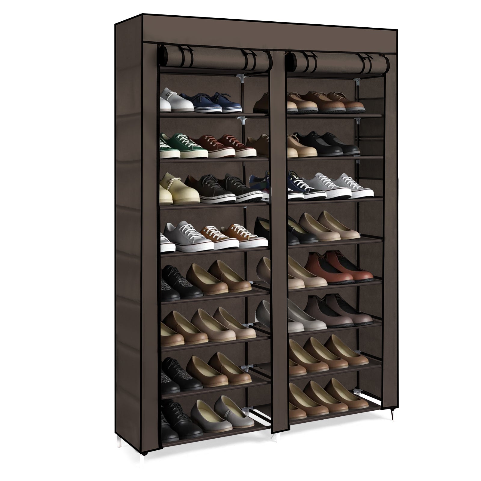 HAOYYE Double Row 10-Tier Non-Woven Fabric Shoe Cabinet with Sturdy Iron Frame and Durable Plastic Connectors, Space-Saving Brown Shoe Organizer for Entryway Closet Bedroom Hallway Storage