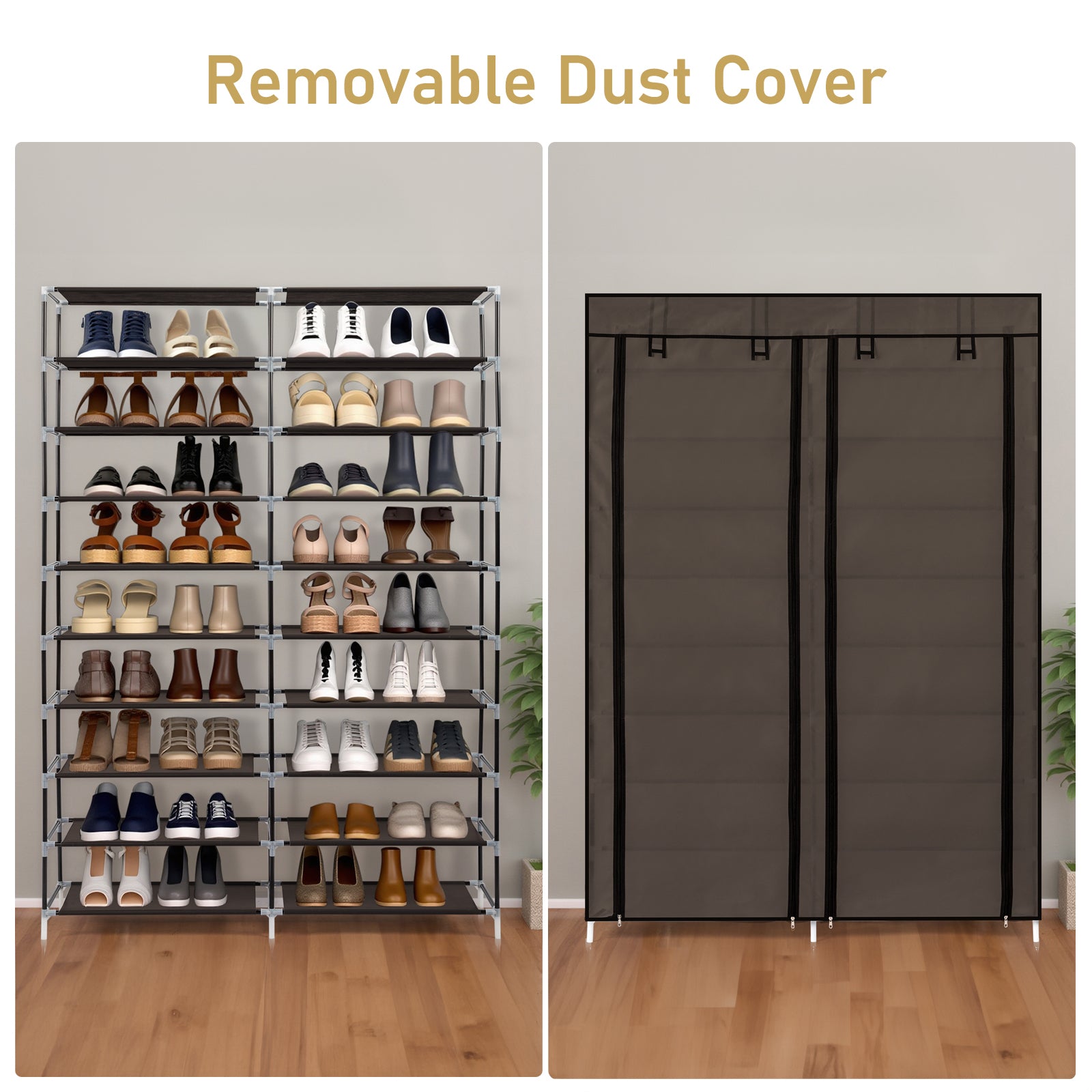 HAOYYE Double Row 10-Tier Non-Woven Fabric Shoe Cabinet with Sturdy Iron Frame and Durable Plastic Connectors, Space-Saving Brown Shoe Organizer for Entryway Closet Bedroom Hallway Storage