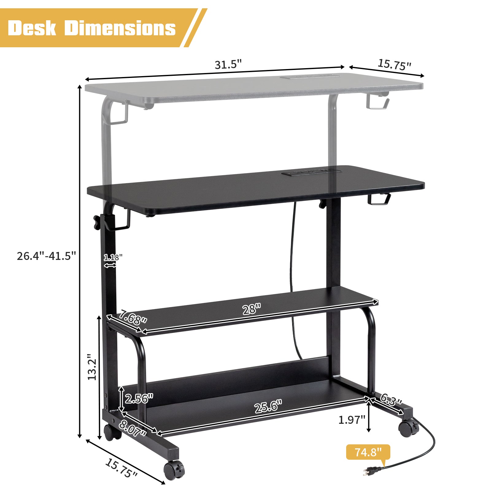 Haoyye Black Oak P2 Particle Board Adjustable Computer Desk with Melamine Coating, 3 USB and 2 AC Outlets, Ergonomic Height Adjustment