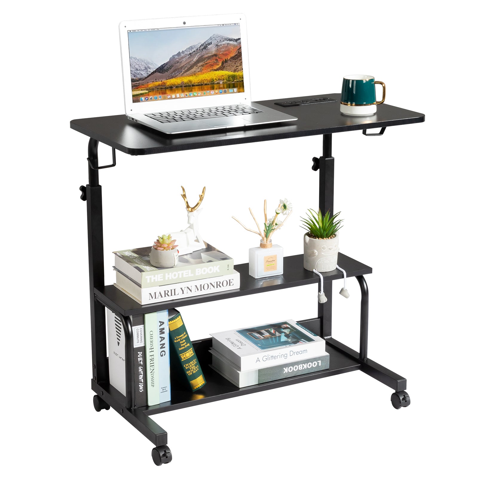 Haoyye Black Oak P2 Particle Board Adjustable Computer Desk with Melamine Coating, 3 USB and 2 AC Outlets, Ergonomic Height Adjustment
