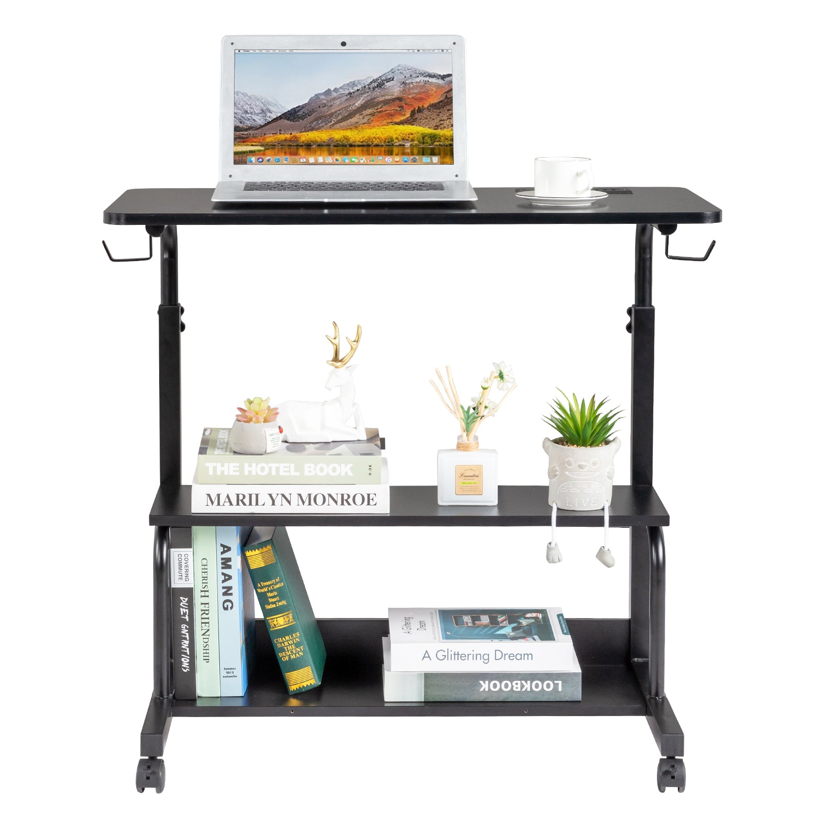 Haoyye Black Oak P2 Particle Board Adjustable Computer Desk with Melamine Coating, 3 USB and 2 AC Outlets, Ergonomic Height Adjustment